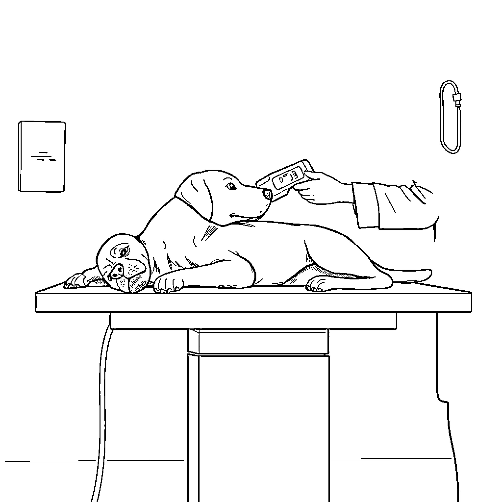 Vet examines pet on examination table Coloring Page (free black-and-white line drawing printable PDF for all, from beginners to advanced learners, including children, teens, adults, and seniors)