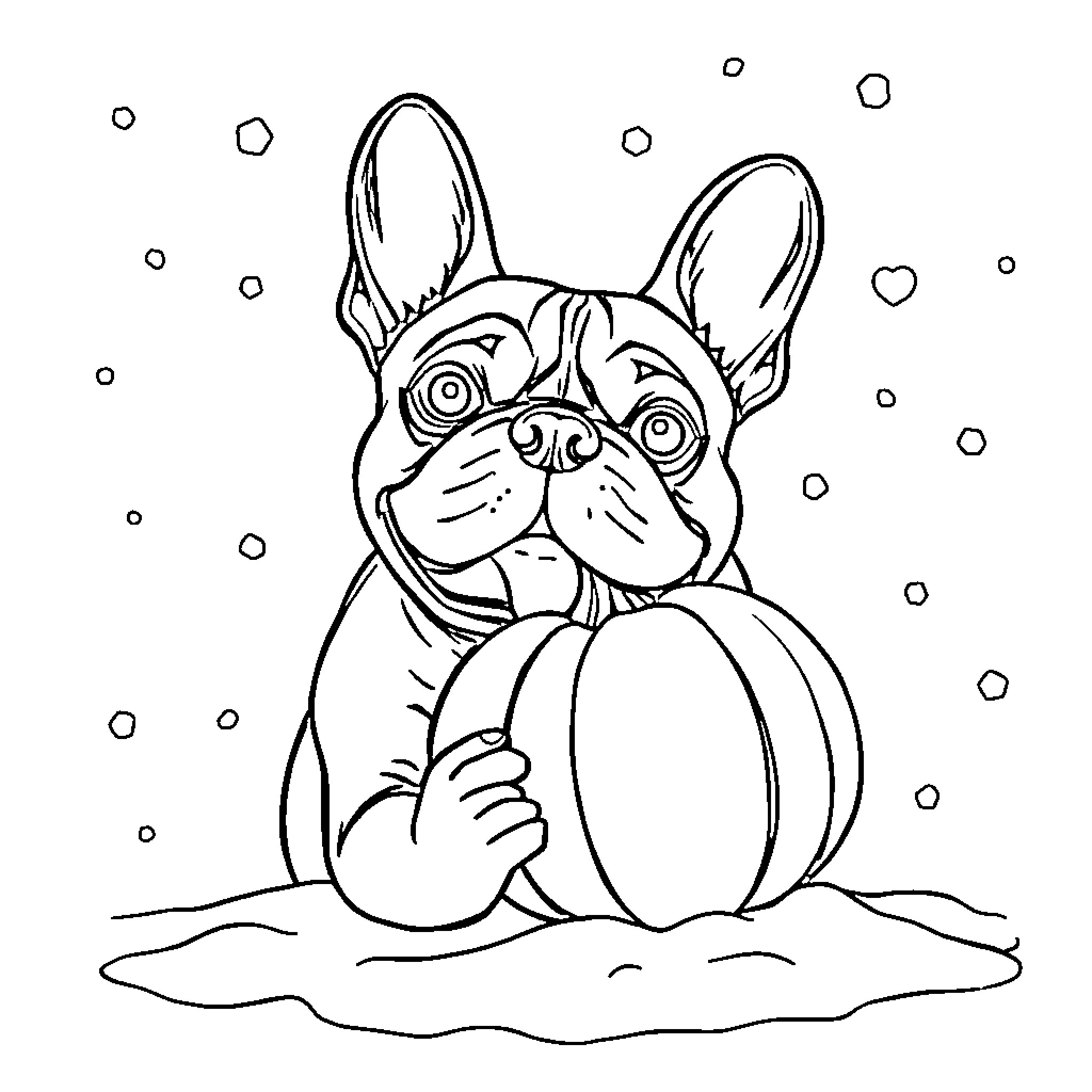French Bulldog playing with a ball in the snow Coloring Page (free black-and-white line drawing printable PDF for all, from beginners to advanced learners, including children, teens, adults, and seniors)
