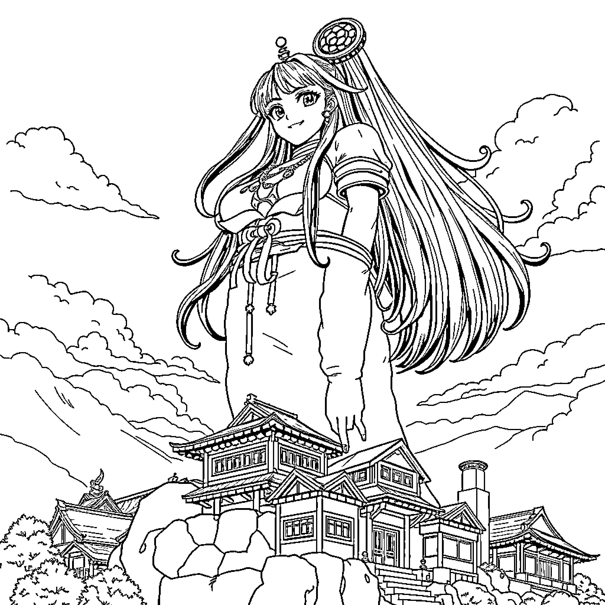 Hinata's Majestic Adventure in the Clouds Coloring Page (free black-and-white line drawing printable PDF for all, from beginners to advanced learners, including children, teens, adults, and seniors)