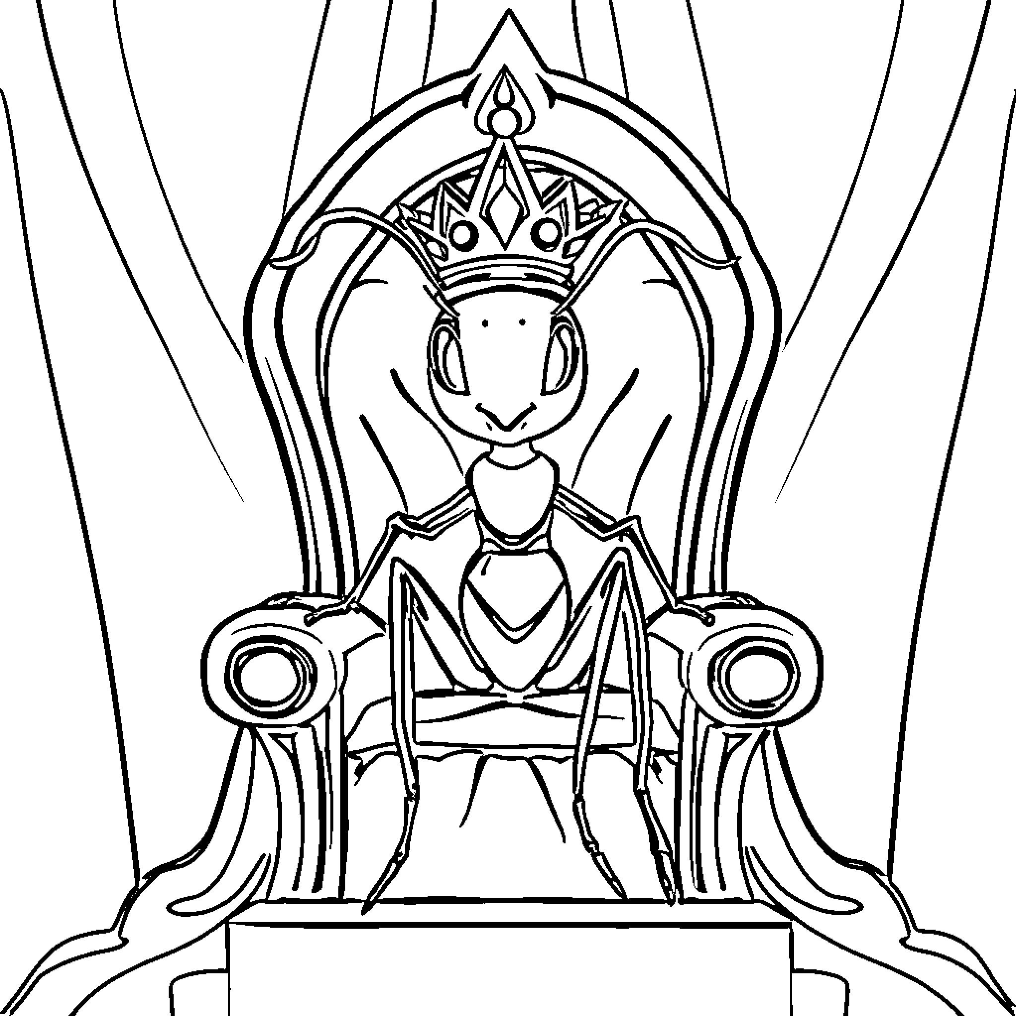 Ant crowned ruler on ornate throne Coloring Page (free black-and-white line drawing printable PDF for all, from beginners to advanced learners, including children, teens, adults, and seniors)