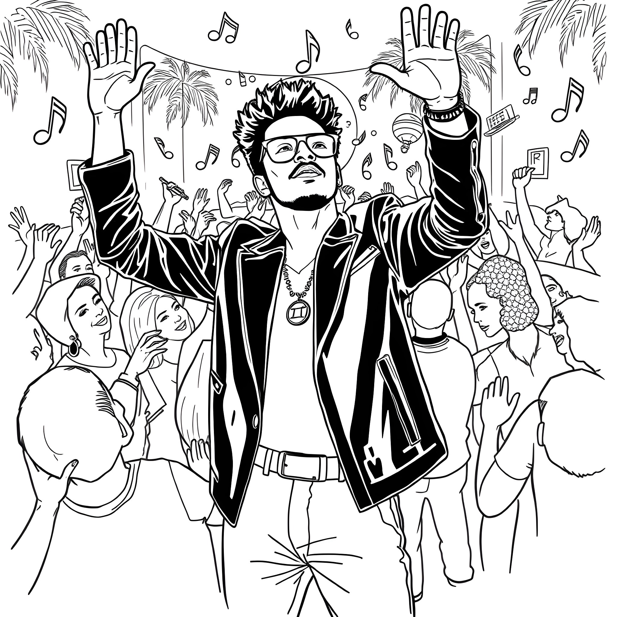 Bruno Mars Performing on Stage with a Lively Crowd Coloring Page (free black-and-white line drawing printable PDF for all, from beginners to advanced learners, including children, teens, adults, and seniors)