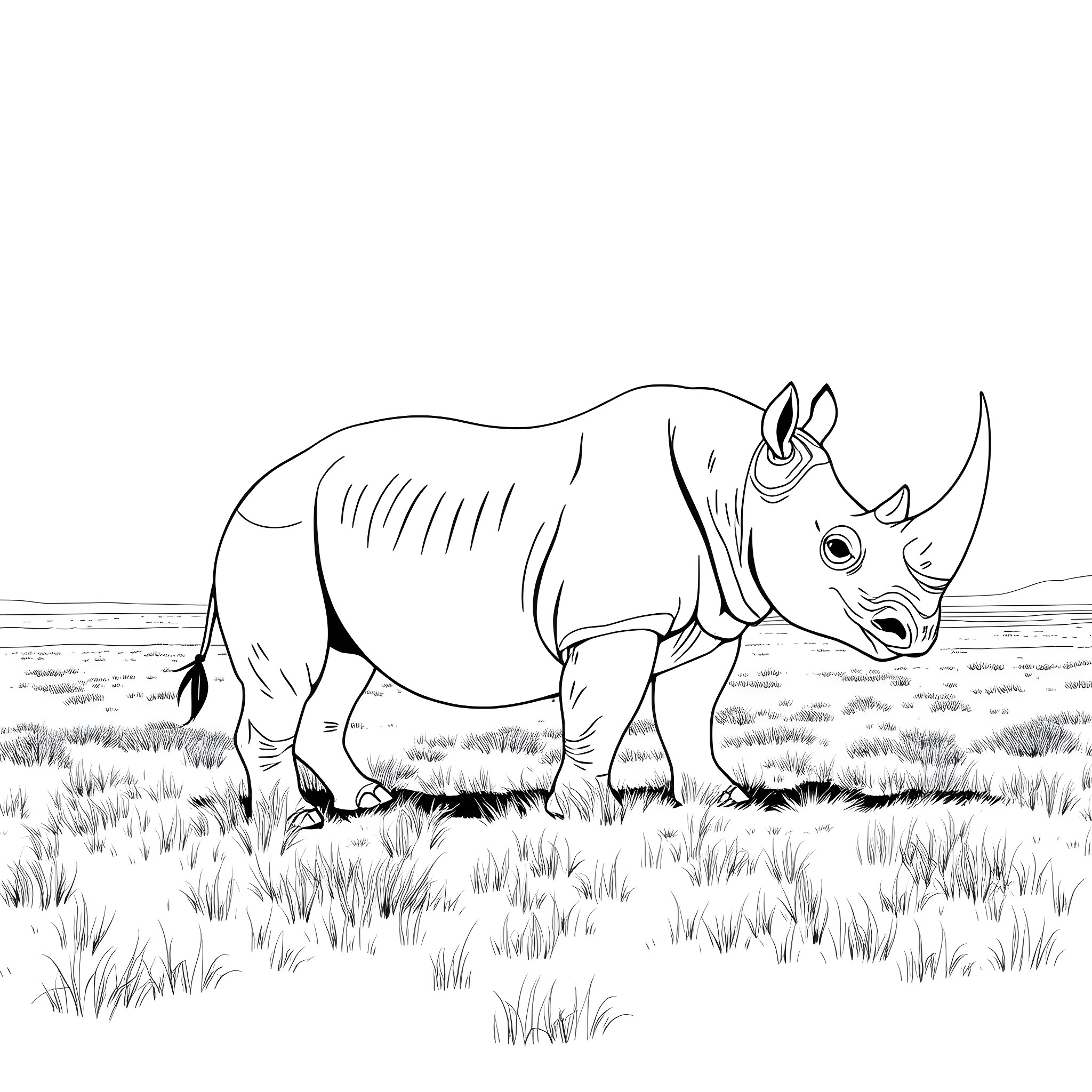 Rhinoceros grazing peacefully in the wild Coloring Page (free black-and-white line drawing printable PDF for all, from beginners to advanced learners, including children, teens, adults, and seniors)