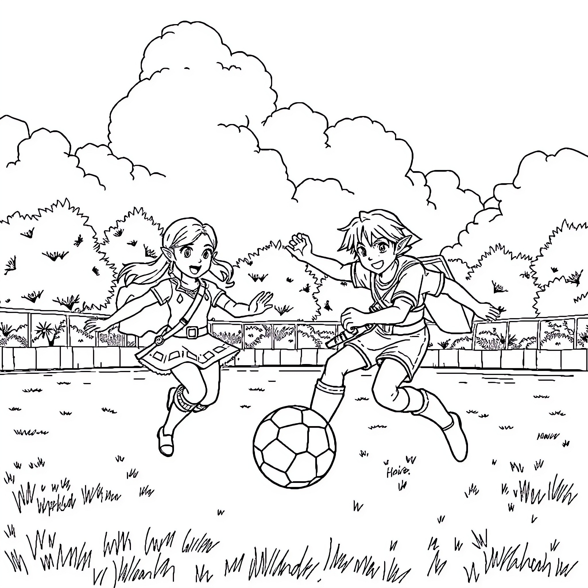 Zelda characters playing soccer in a field Coloring Page (free black-and-white line drawing printable PDF for all, from beginners to advanced learners, including children, teens, adults, and seniors)