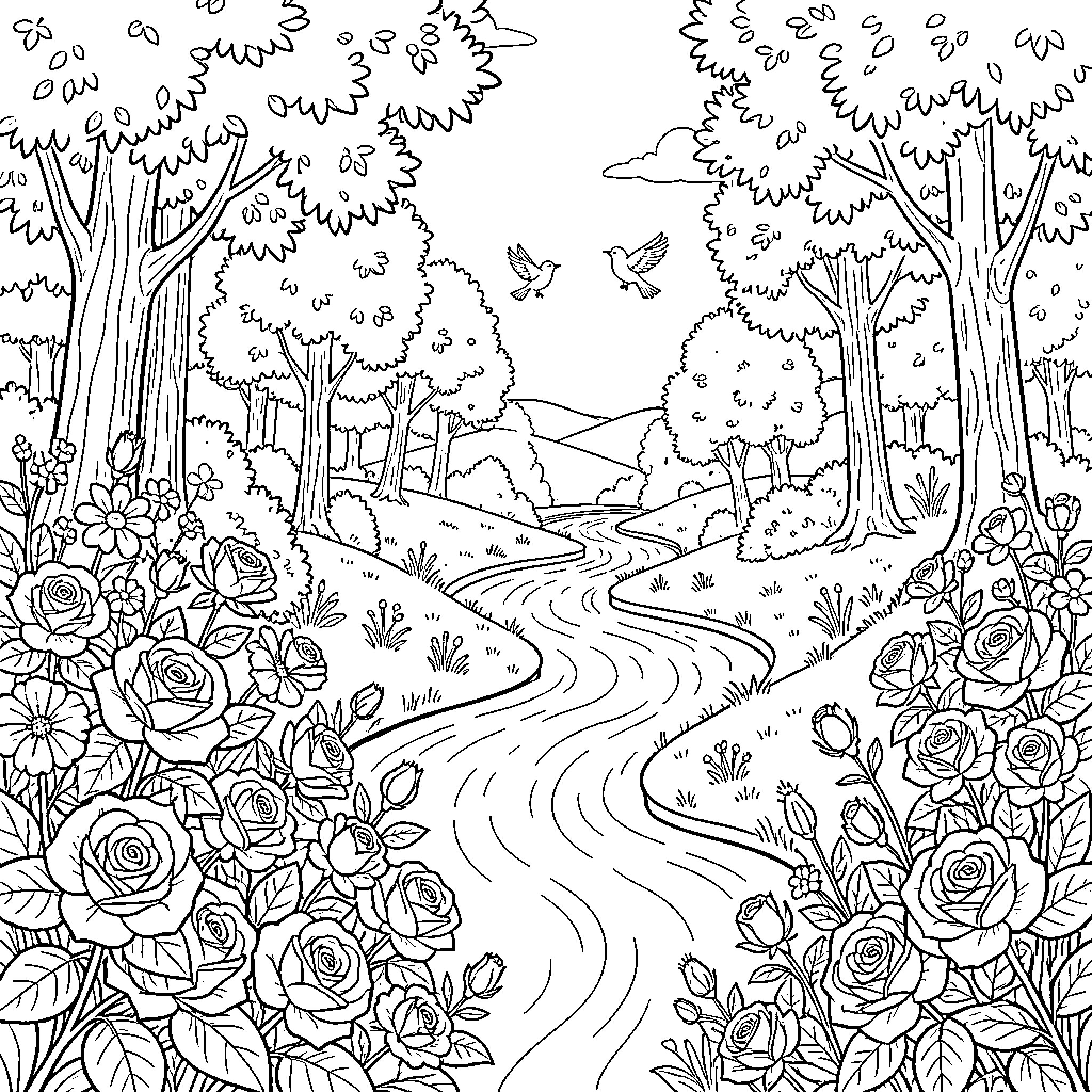 Landscape with a winding river and blooming flowers Coloring Page (free black-and-white line drawing printable PDF for all, from beginners to advanced learners, including children, teens, adults, and seniors)