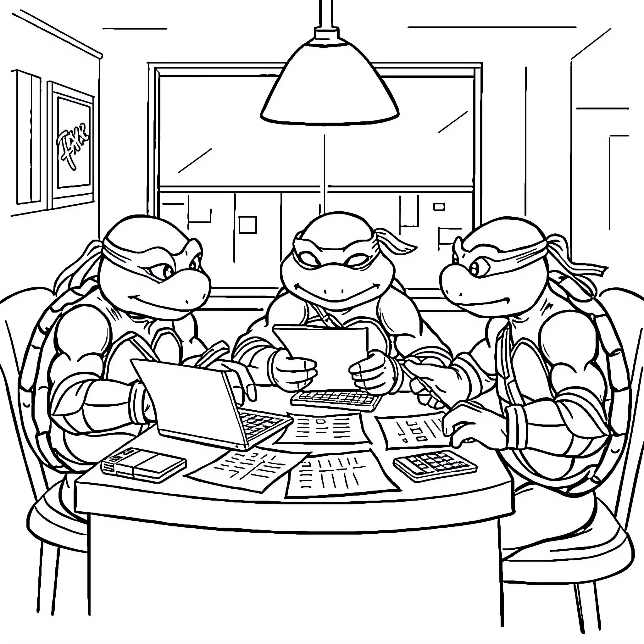 Teenage Mutant Ninja Turtles studying and working on computers Coloring Page (free black-and-white line drawing printable PDF for all, from beginners to advanced learners, including children, teens, adults, and seniors)