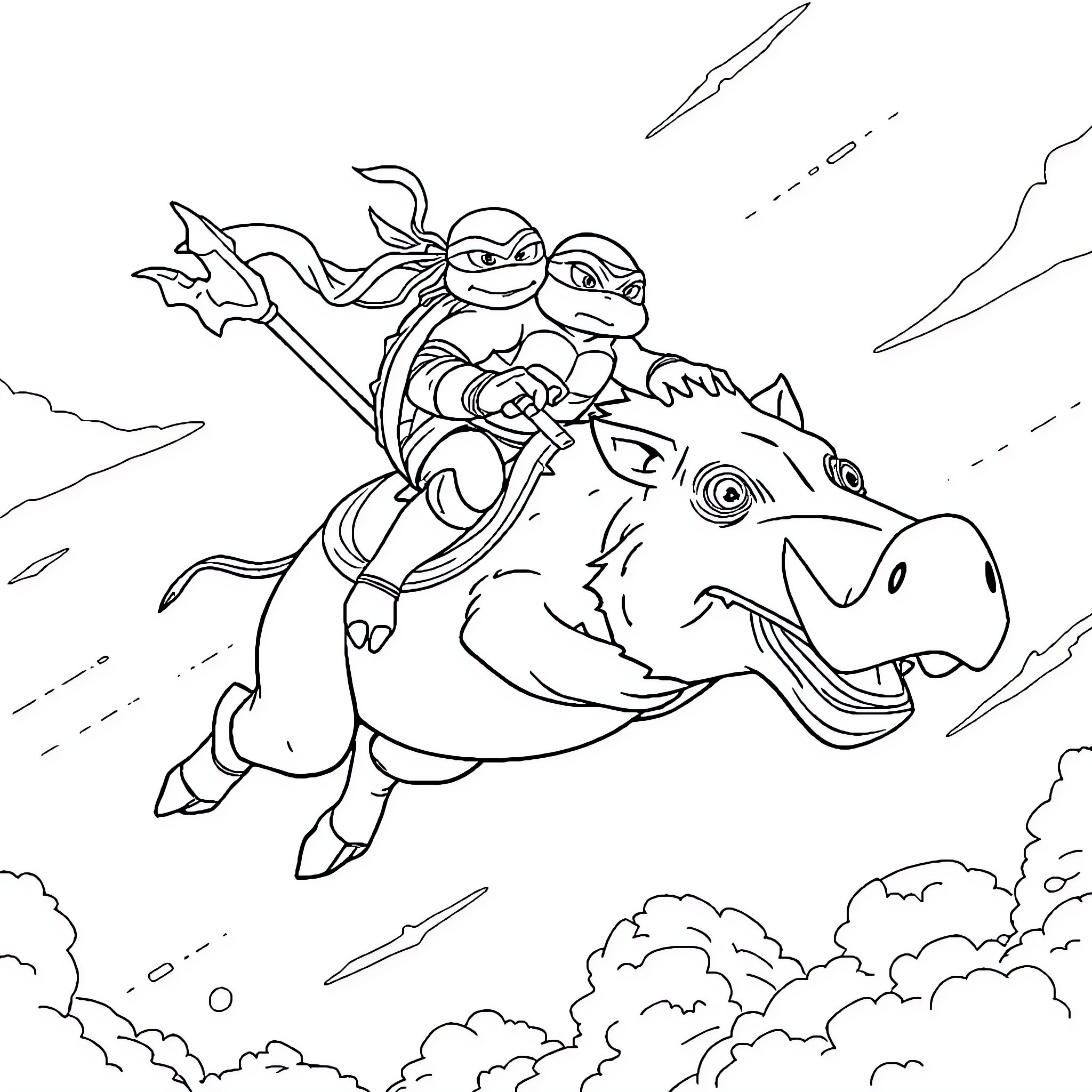 Ninja Turtles riding a fierce dinosaur through the clouds Coloring Page (free black-and-white line drawing printable PDF for all, from beginners to advanced learners, including children, teens, adults, and seniors)