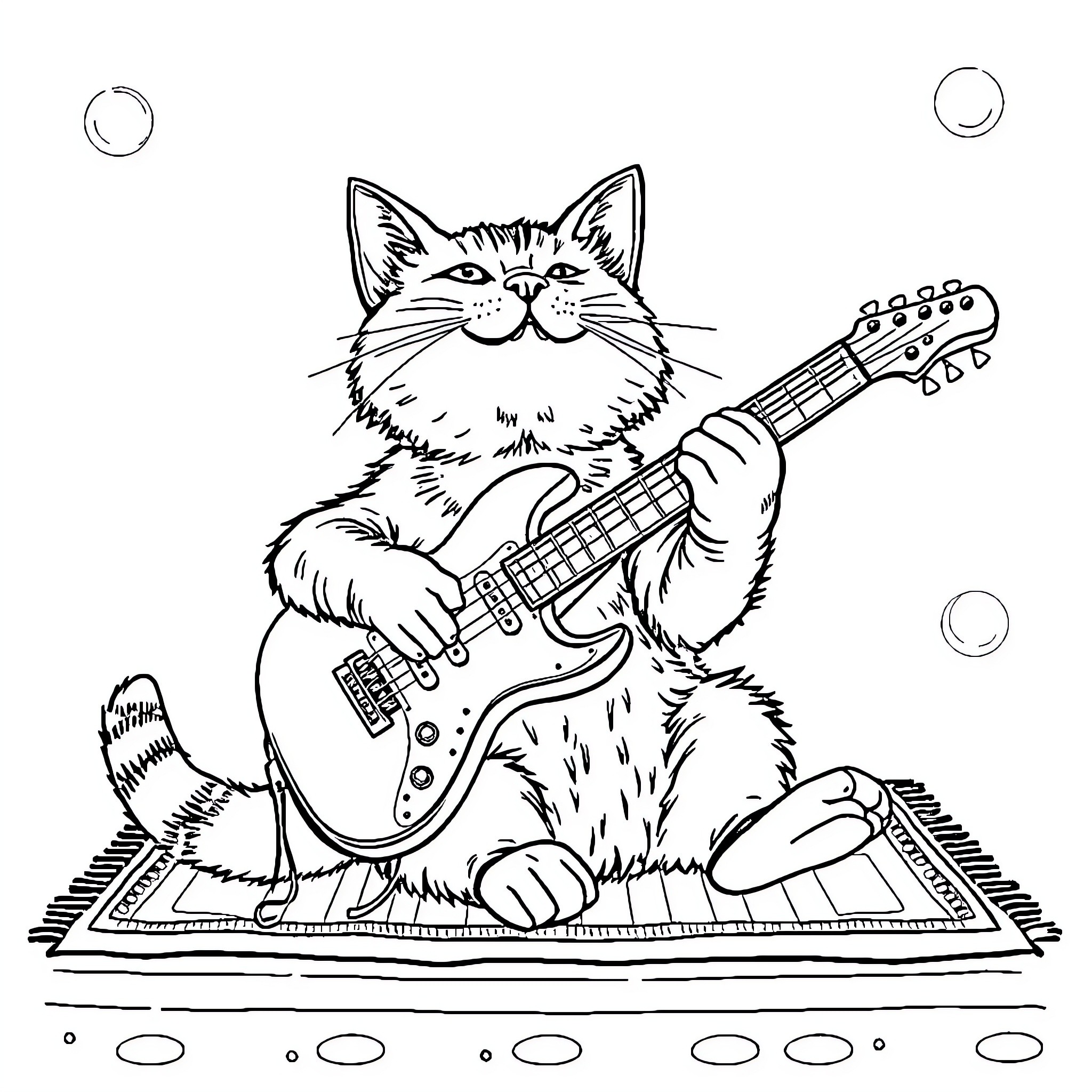 Cat playing guitar on patterned rug Coloring Page (free black-and-white line drawing printable PDF for all, from beginners to advanced learners, including children, teens, adults, and seniors)