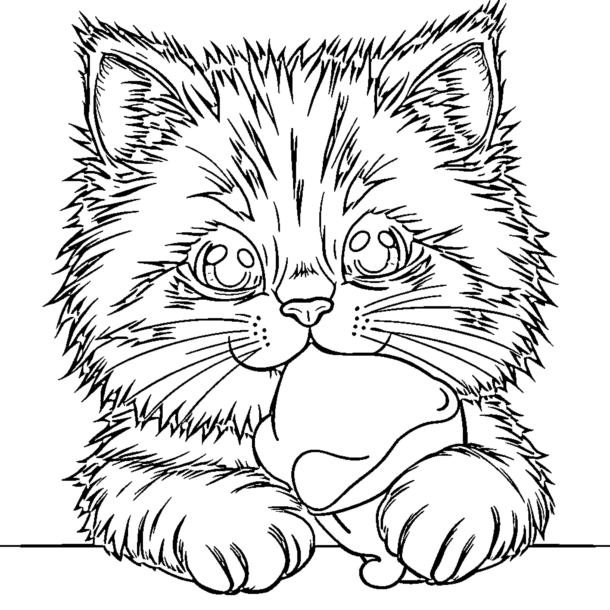 Cat curled up in contemplation Coloring Page (free black-and-white line drawing printable PDF for all, from beginners to advanced learners, including children, teens, adults, and seniors)
