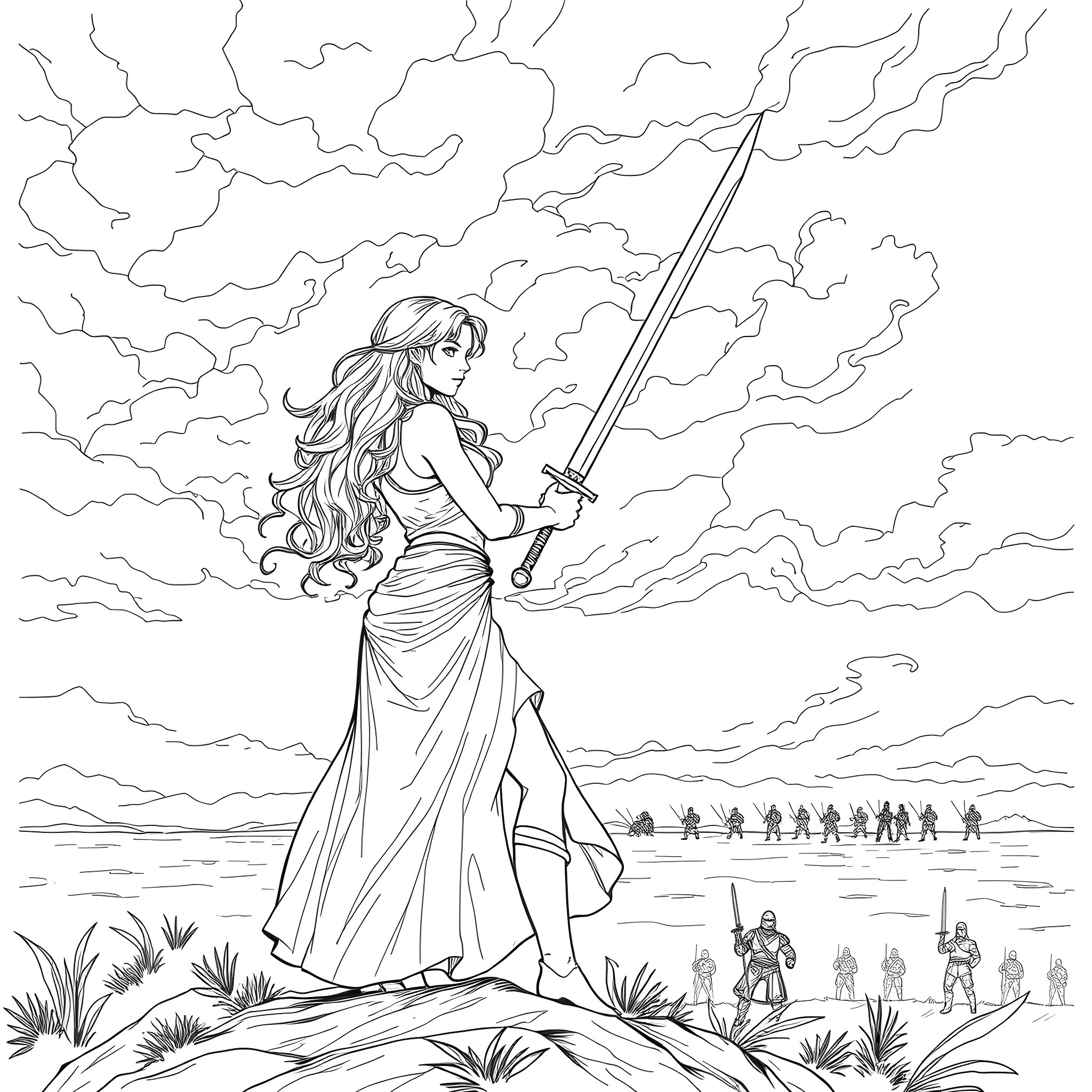 Serenity amidst the storm: A warrior's grace Coloring Page (free black-and-white line drawing printable PDF for all, from beginners to advanced learners, including children, teens, adults, and seniors)