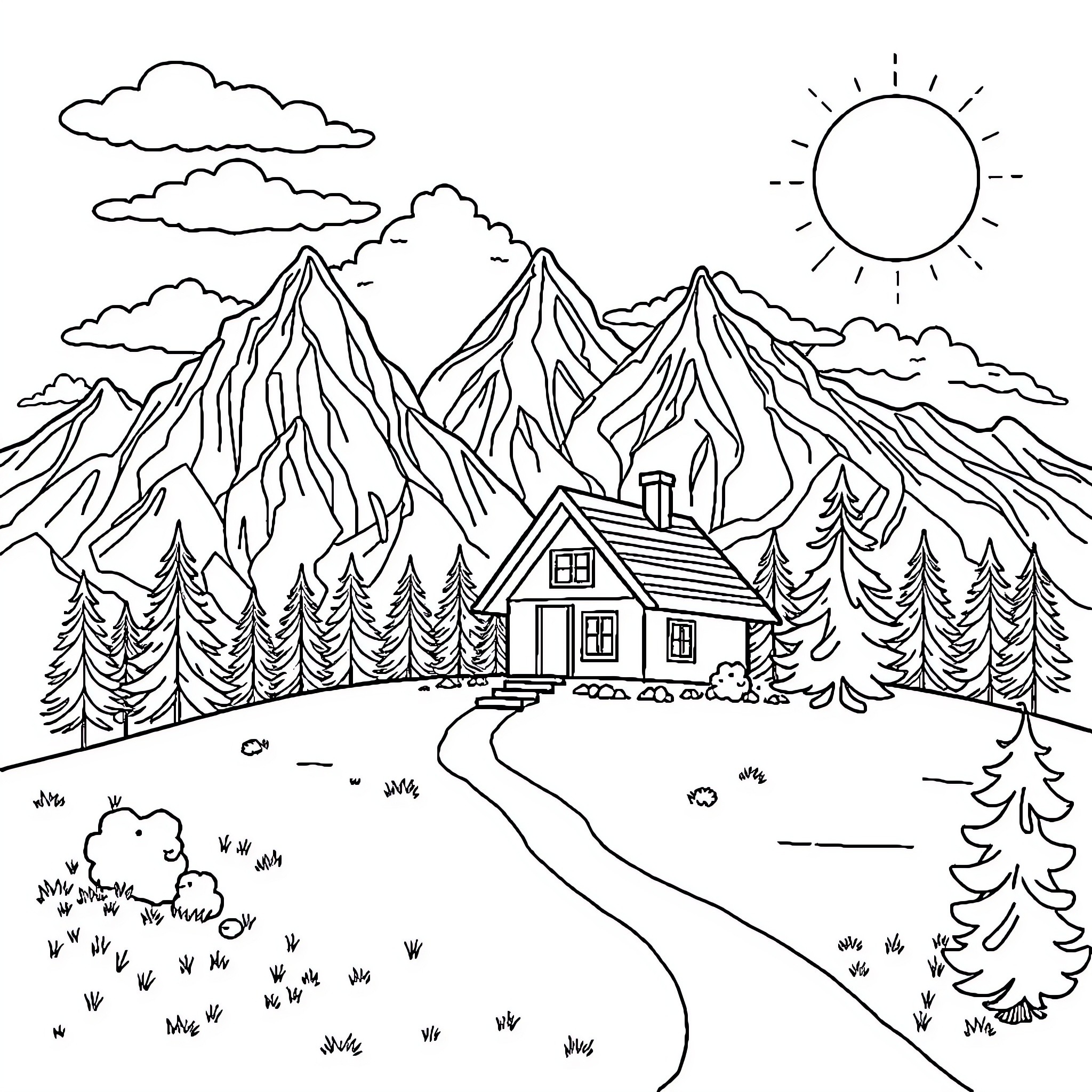 House in the mountains with scenic landscape Coloring Page (free black-and-white line drawing printable PDF for all, from beginners to advanced learners, including children, teens, adults, and seniors)