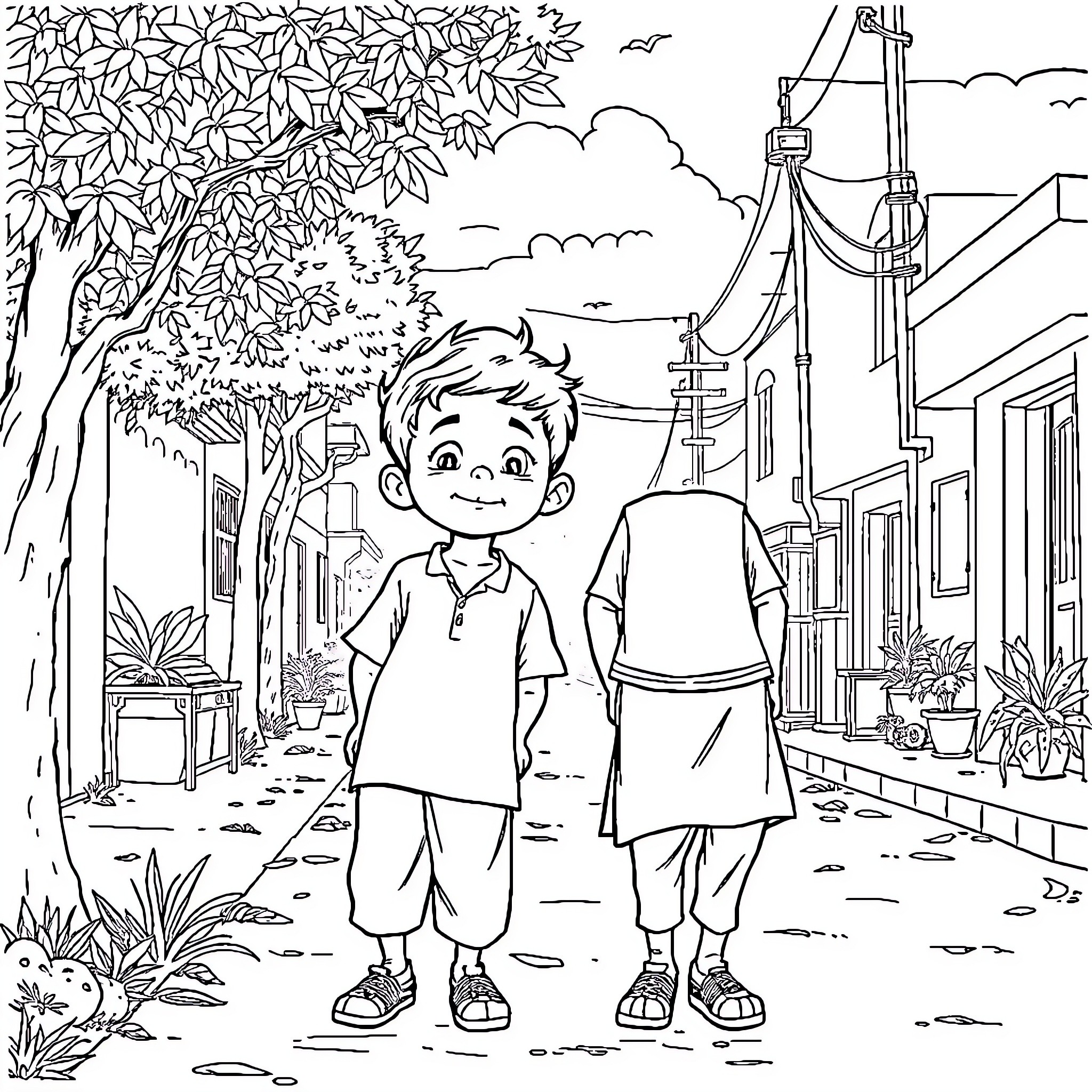 Friendship in a Neighborhood Adventure Coloring Page (free black-and-white line drawing printable PDF for all, from beginners to advanced learners, including children, teens, adults, and seniors)