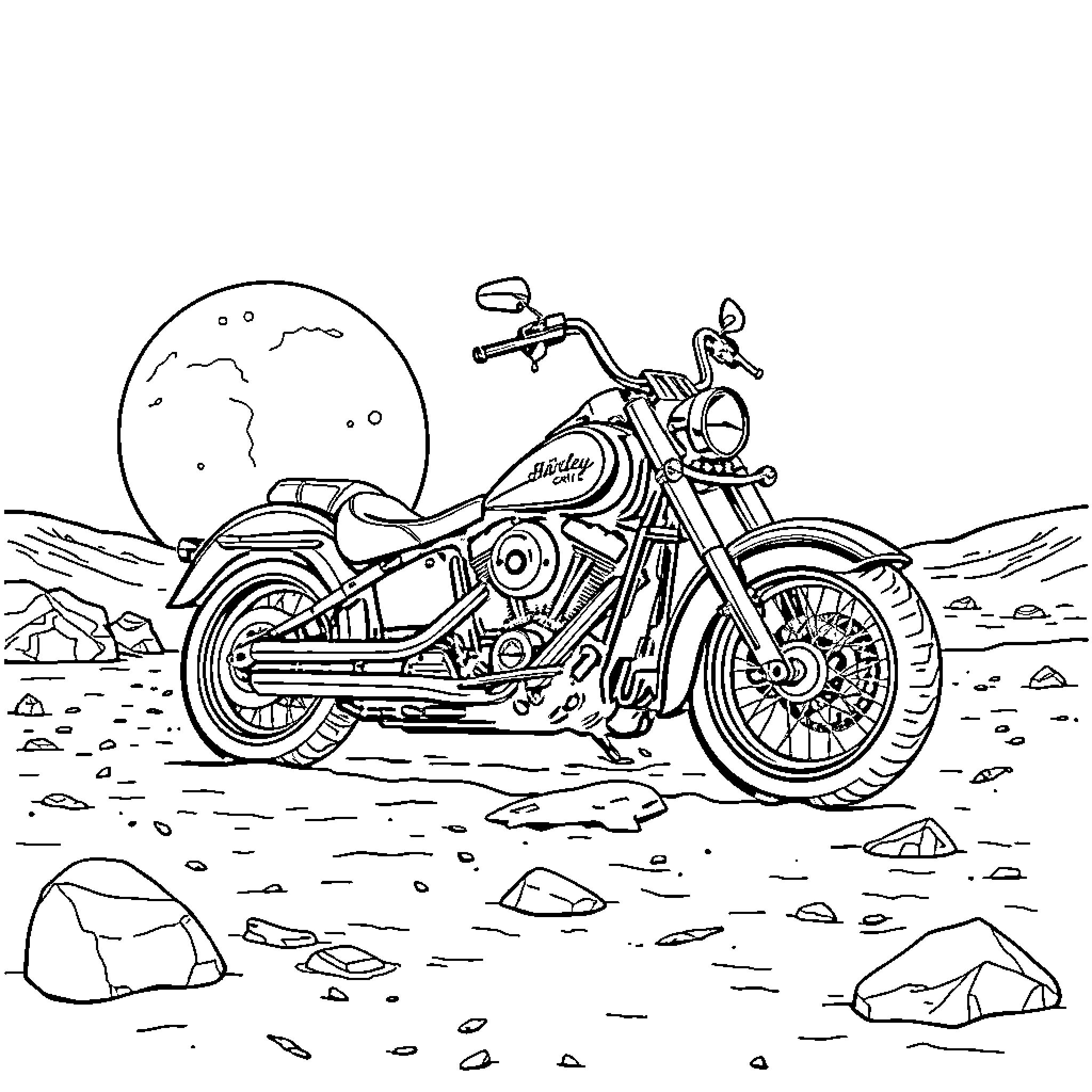 Harley cruising through the desert under the moonlight Coloring Page (free black-and-white line drawing printable PDF for all, from beginners to advanced learners, including children, teens, adults, and seniors)