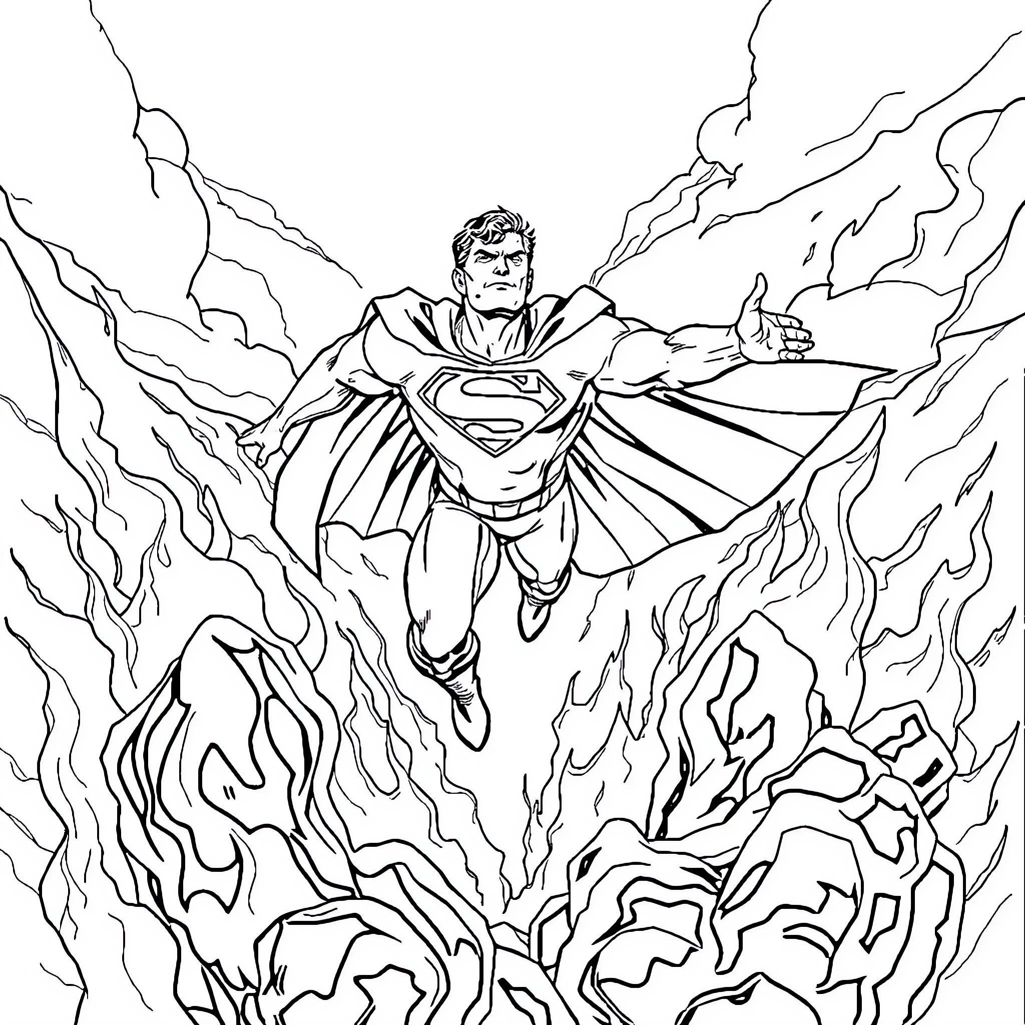 Superman soaring through the stormy skies Coloring Page (free black-and-white line drawing printable PDF for all, from beginners to advanced learners, including children, teens, adults, and seniors)