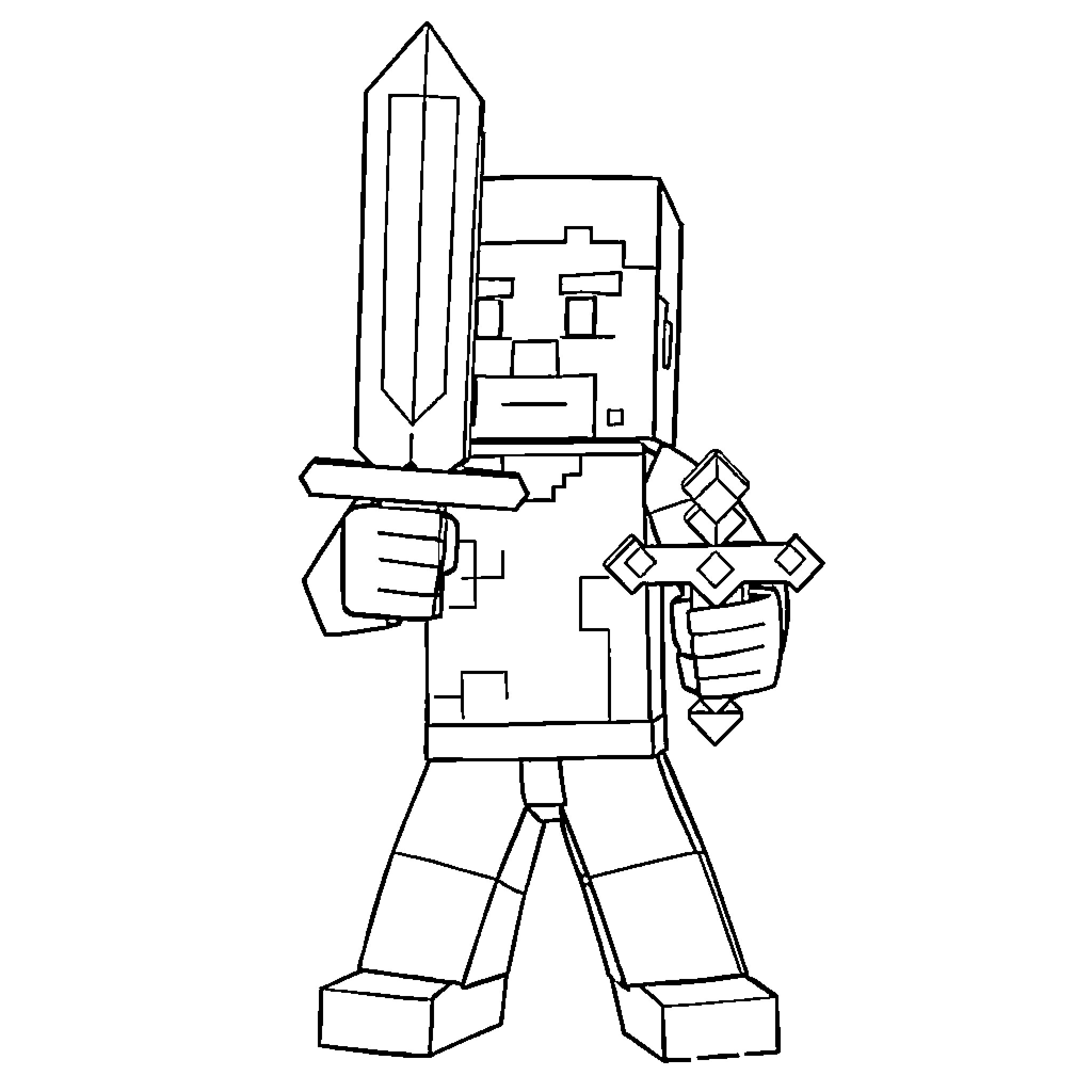 Steve wielding powerful crystal sword and shield Coloring Page (free black-and-white line drawing printable PDF for all, from beginners to advanced learners, including children, teens, adults, and seniors)