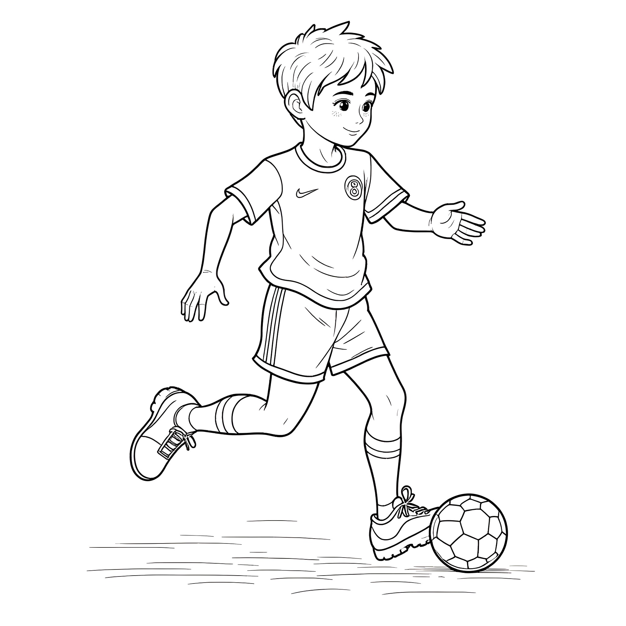 Soccer Boy Kicking the Ball Enthusiastically Coloring Page (free black-and-white line drawing printable PDF for all, from beginners to advanced learners, including children, teens, adults, and seniors)
