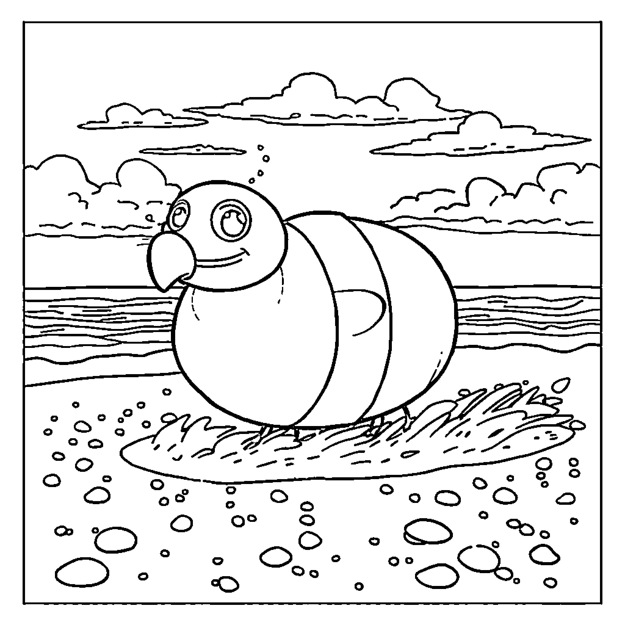 Stick figure bird walking on the beach Coloring Page (free black-and-white line drawing printable PDF for all, from beginners to advanced learners, including children, teens, adults, and seniors)