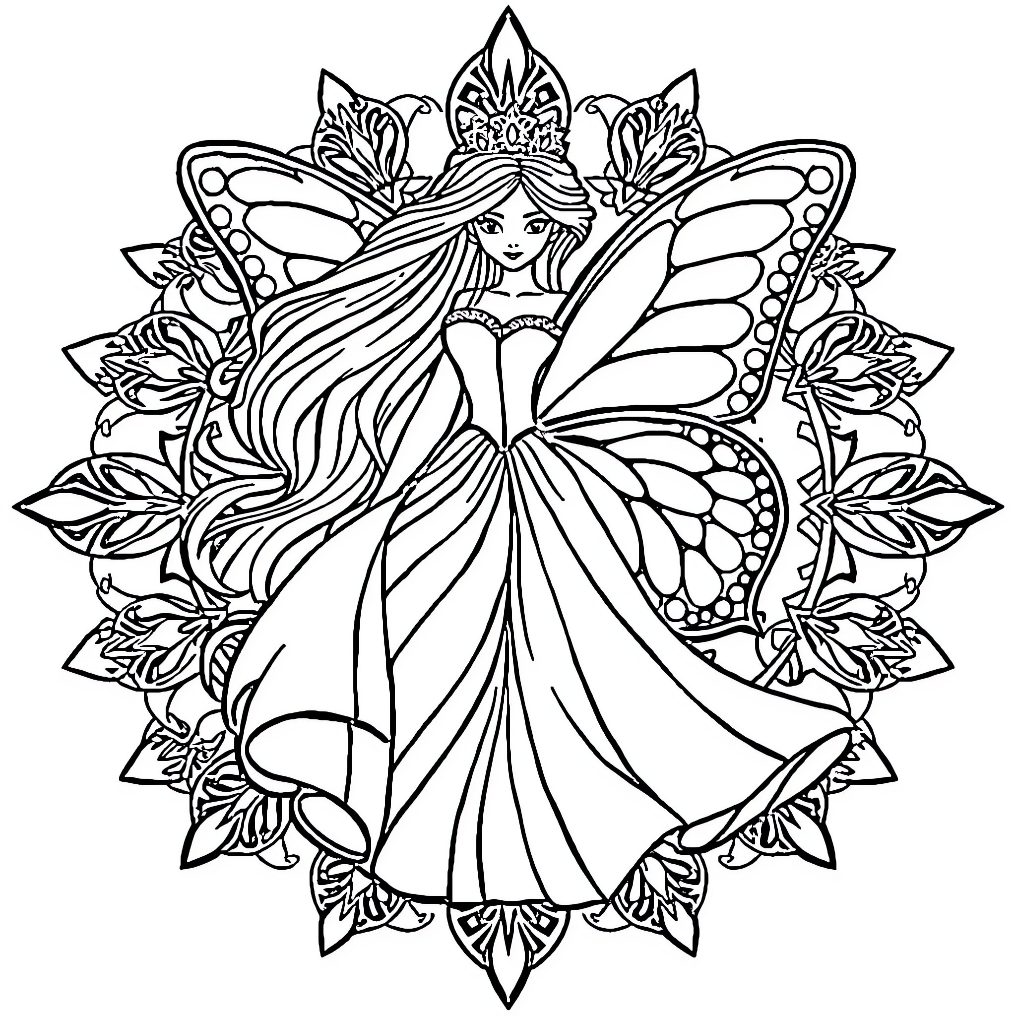 Princess in Elegant Butterfly Dress Coloring Page (free black-and-white line drawing printable PDF for all, from beginners to advanced learners, including children, teens, adults, and seniors)
