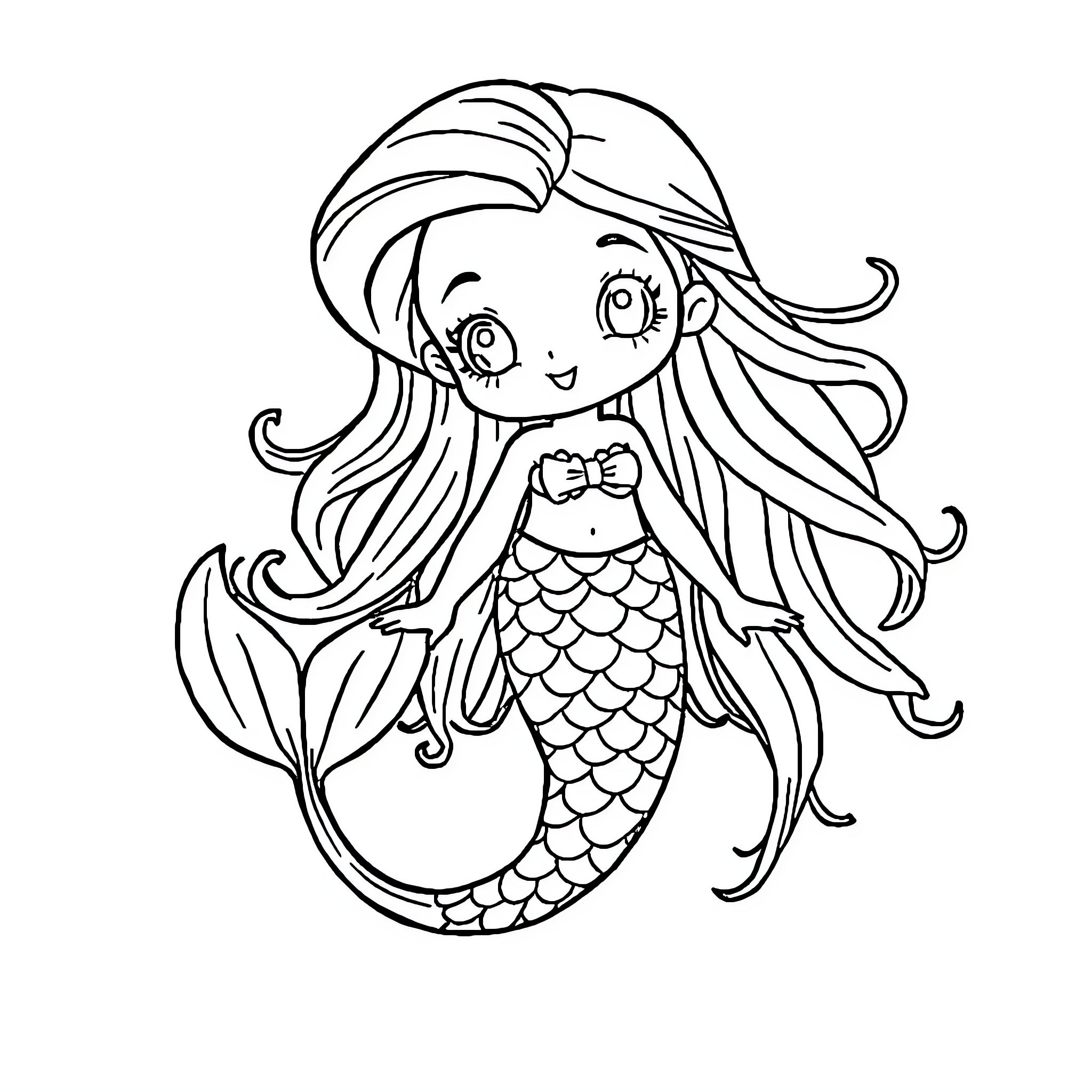 Mermaid smiling cheerfully with flowing hair Coloring Page (free black-and-white line drawing printable PDF for all, from beginners to advanced learners, including children, teens, adults, and seniors)