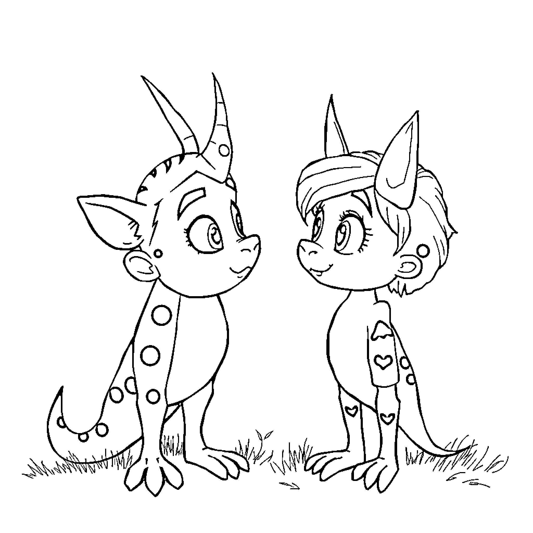 Contrix Cartoon Characters in Playful Poses Coloring Page (free black-and-white line drawing printable PDF for all, from beginners to advanced learners, including children, teens, adults, and seniors)