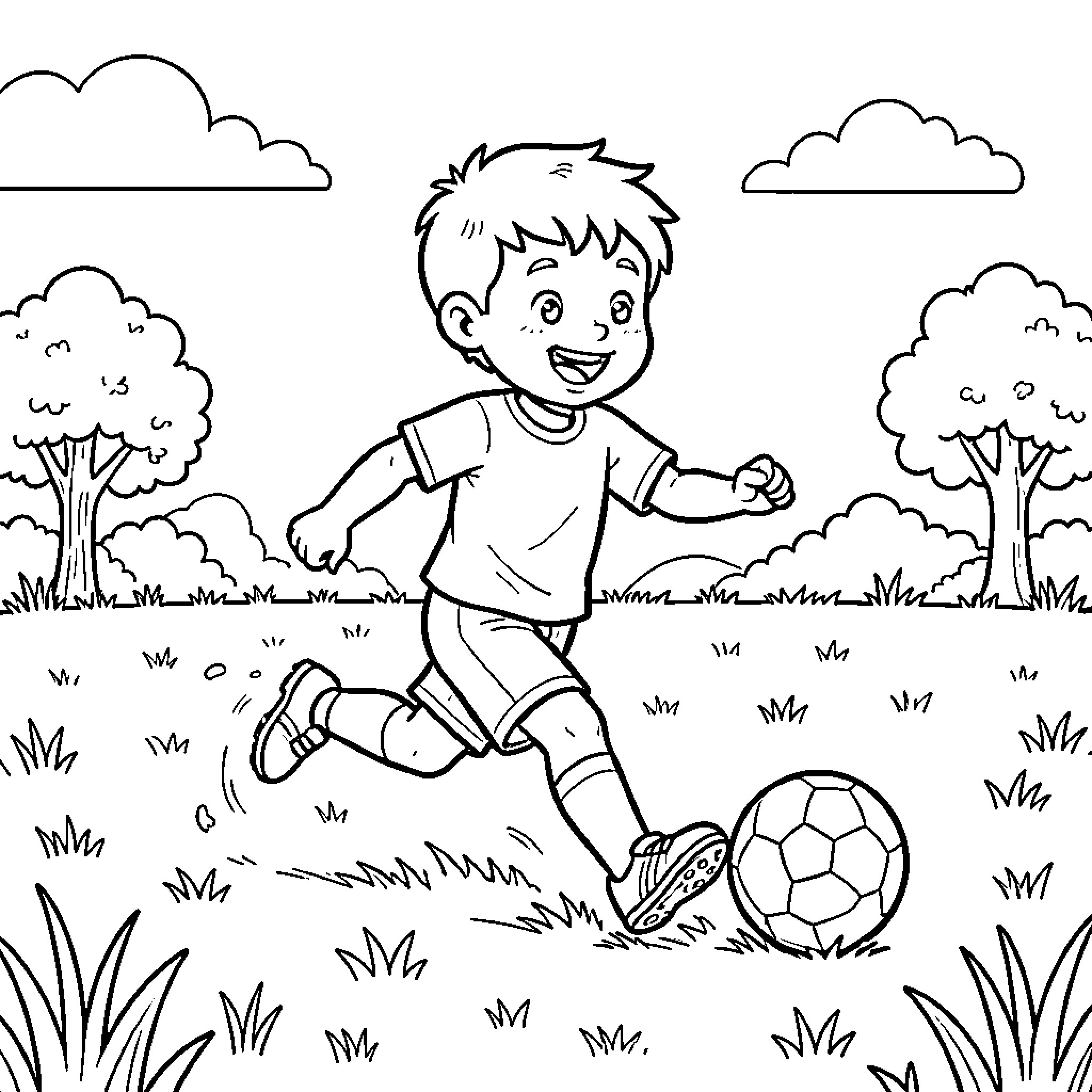 Niño playing soccer enthusiastically in a park Coloring Page (free black-and-white line drawing printable PDF for all, from beginners to advanced learners, including children, teens, adults, and seniors)