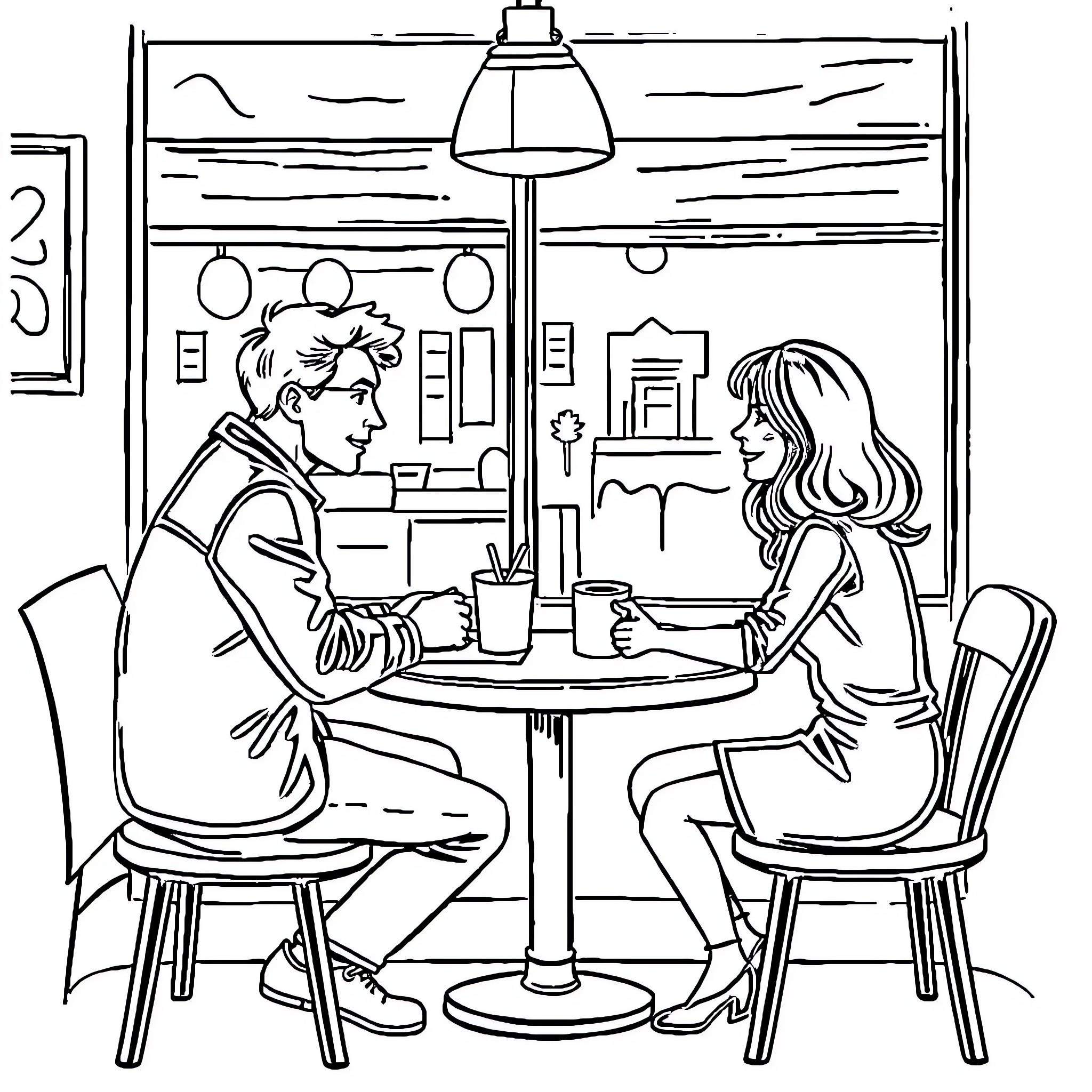 Cat enjoying cozy cafe with friend Coloring Page (free black-and-white line drawing printable PDF for all, from beginners to advanced learners, including children, teens, adults, and seniors)