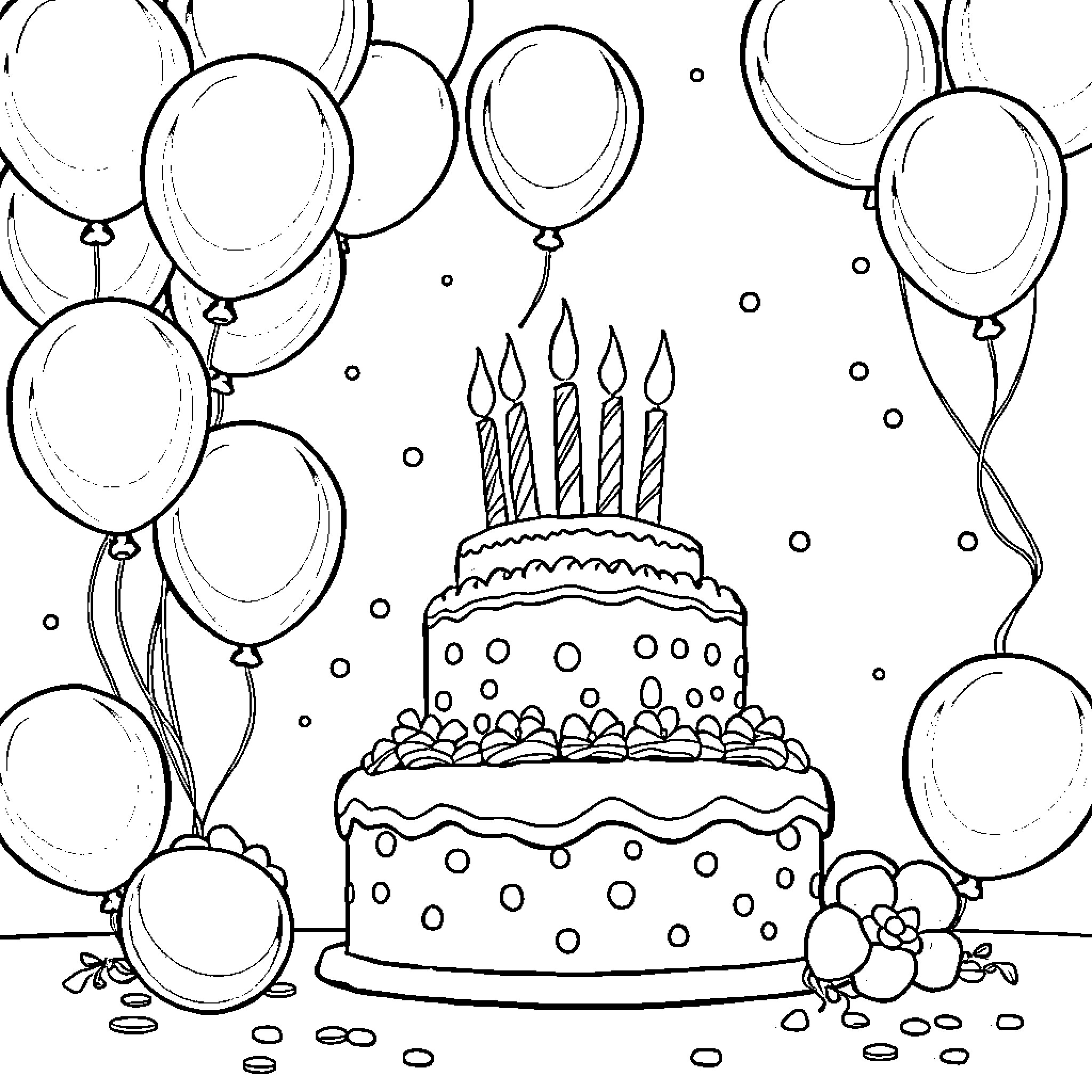 Birthday celebration with cake and balloons Coloring Page (free black-and-white line drawing printable PDF for all, from beginners to advanced learners, including children, teens, adults, and seniors)