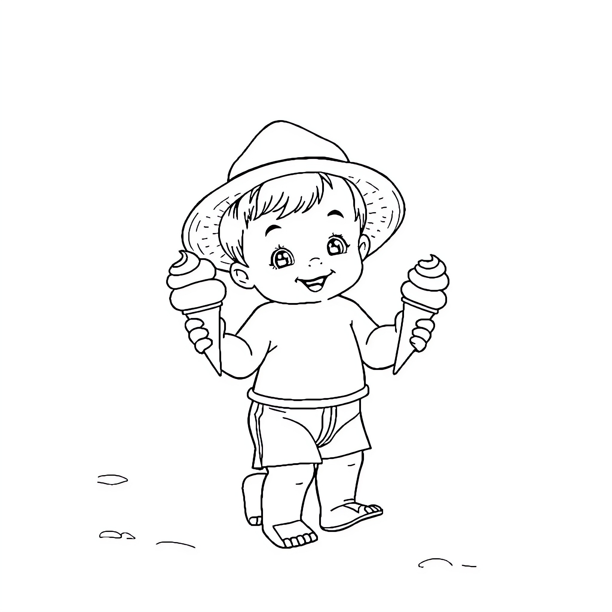 Baby enjoys delightful ice cream outdoors Coloring Page (free black-and-white line drawing printable PDF for all, from beginners to advanced learners, including children, teens, adults, and seniors)