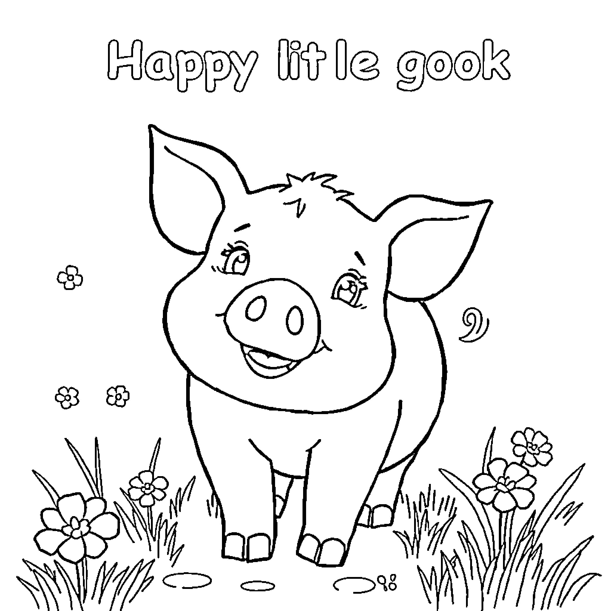 Pig happily playing in the garden Coloring Page (free black-and-white line drawing printable PDF for all, from beginners to advanced learners, including children, teens, adults, and seniors)