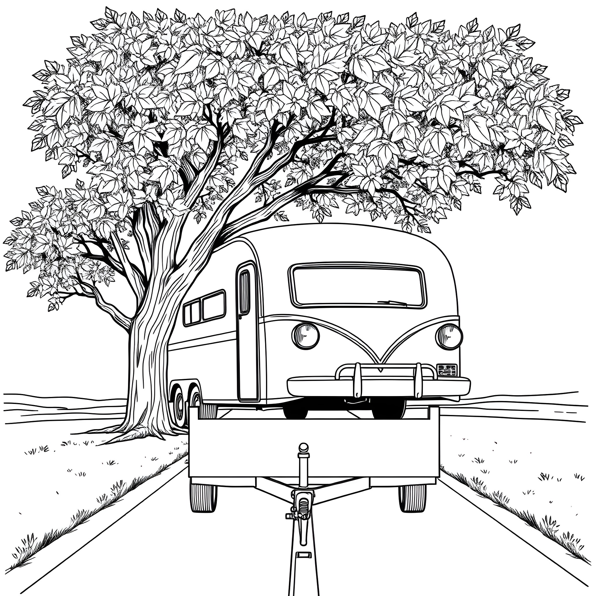 Car parked under a blossoming tree in a scenic landscape Coloring Page (free black-and-white line drawing printable PDF for all, from beginners to advanced learners, including children, teens, adults, and seniors)