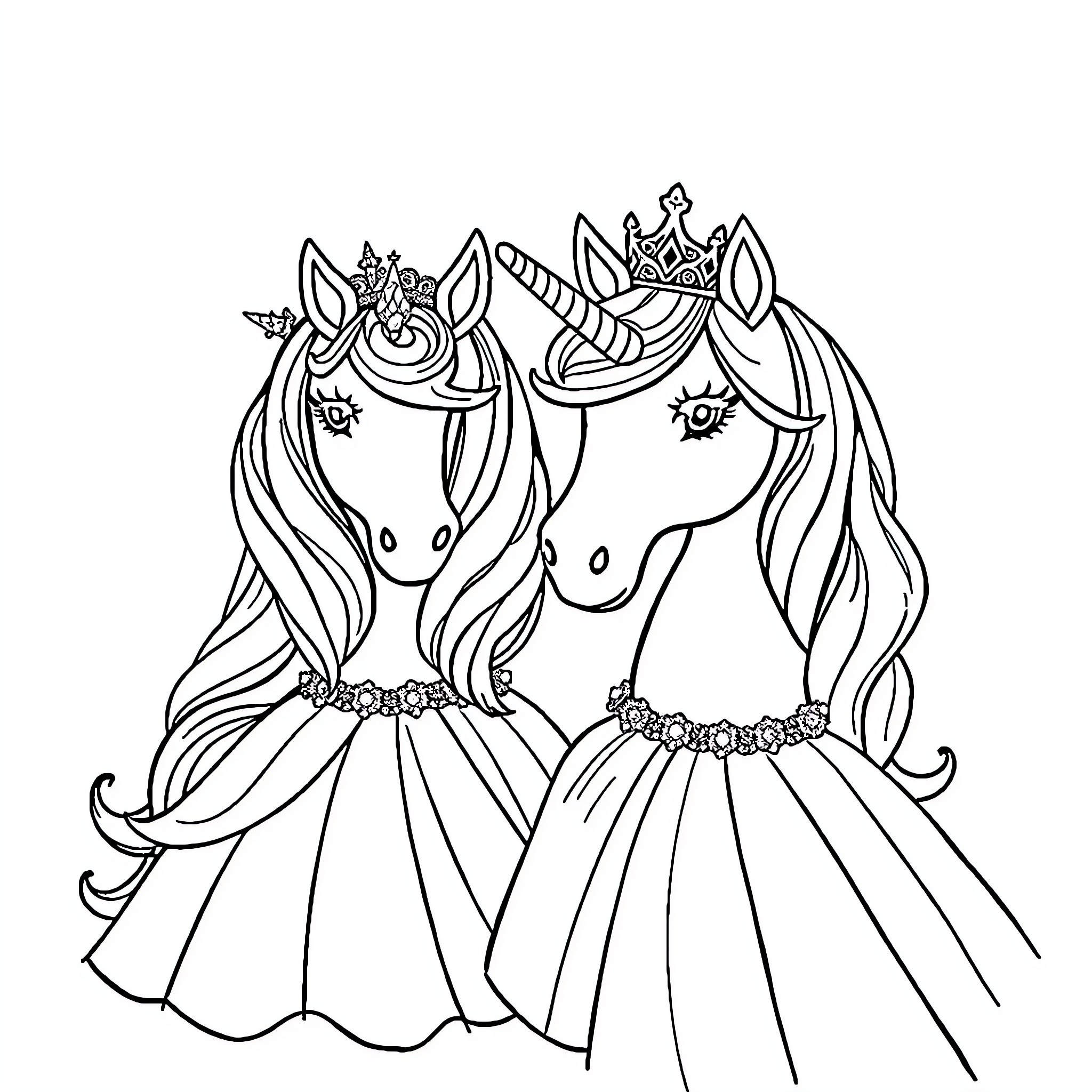 Unicorn princesses dancing with crowns Coloring Page (free black-and-white line drawing printable PDF for all, from beginners to advanced learners, including children, teens, adults, and seniors)