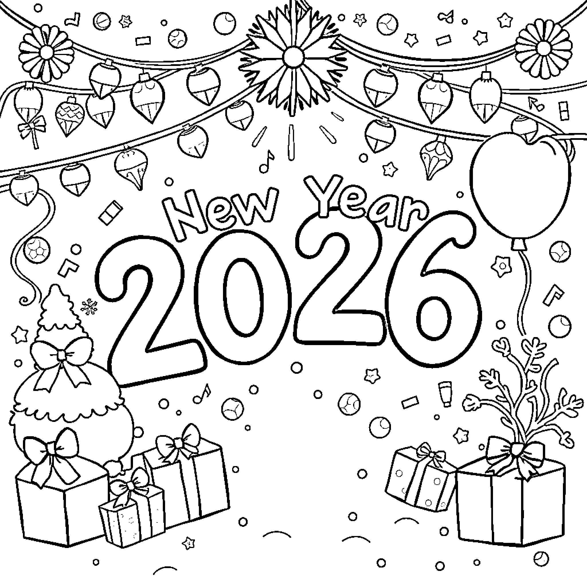 New Year 2026 celebration with gifts and decorations Coloring Page (free black-and-white line drawing printable PDF for all, from beginners to advanced learners, including children, teens, adults, and seniors)