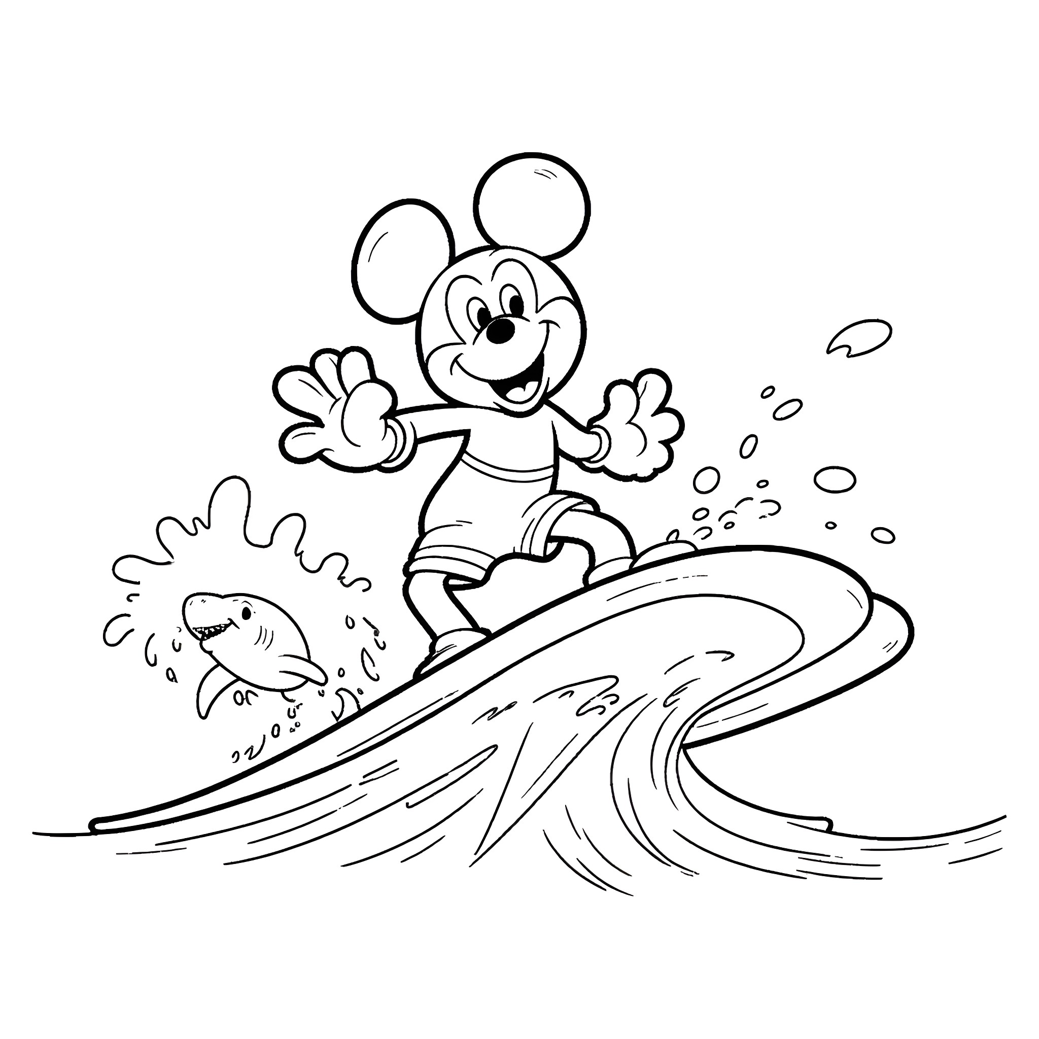 Mickey Mouse surfing on big waves with shark Coloring Page (free black-and-white line drawing printable PDF for all, from beginners to advanced learners, including children, teens, adults, and seniors)