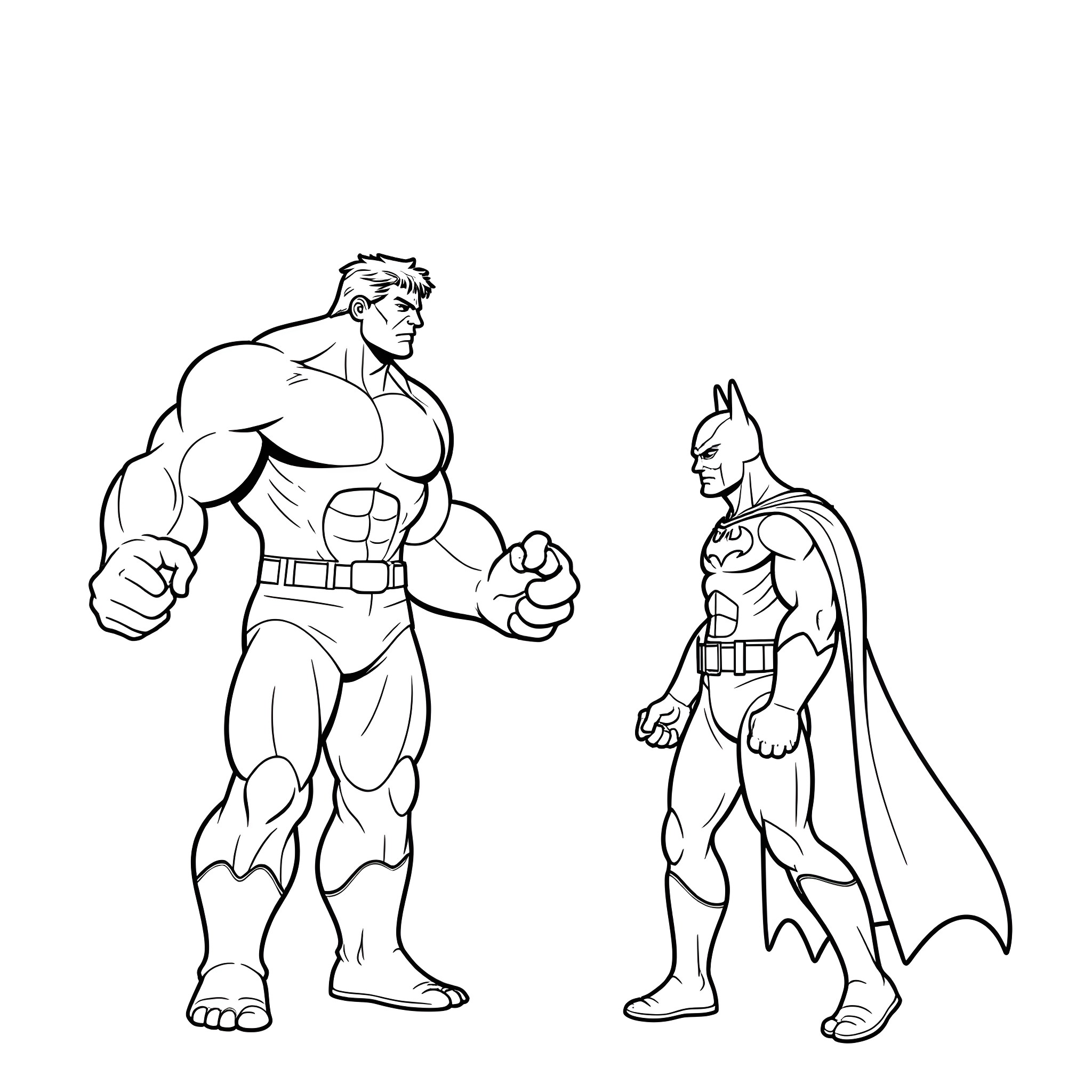 Hulk and Batman battling heroically Coloring Page (free black-and-white line drawing printable PDF for all, from beginners to advanced learners, including children, teens, adults, and seniors)