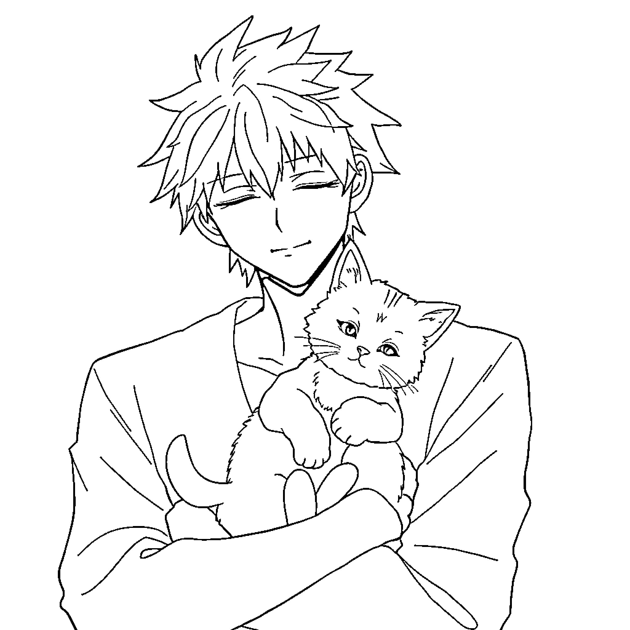Minato Namikaze comforting a small cat Coloring Page (free black-and-white line drawing printable PDF for all, from beginners to advanced learners, including children, teens, adults, and seniors)