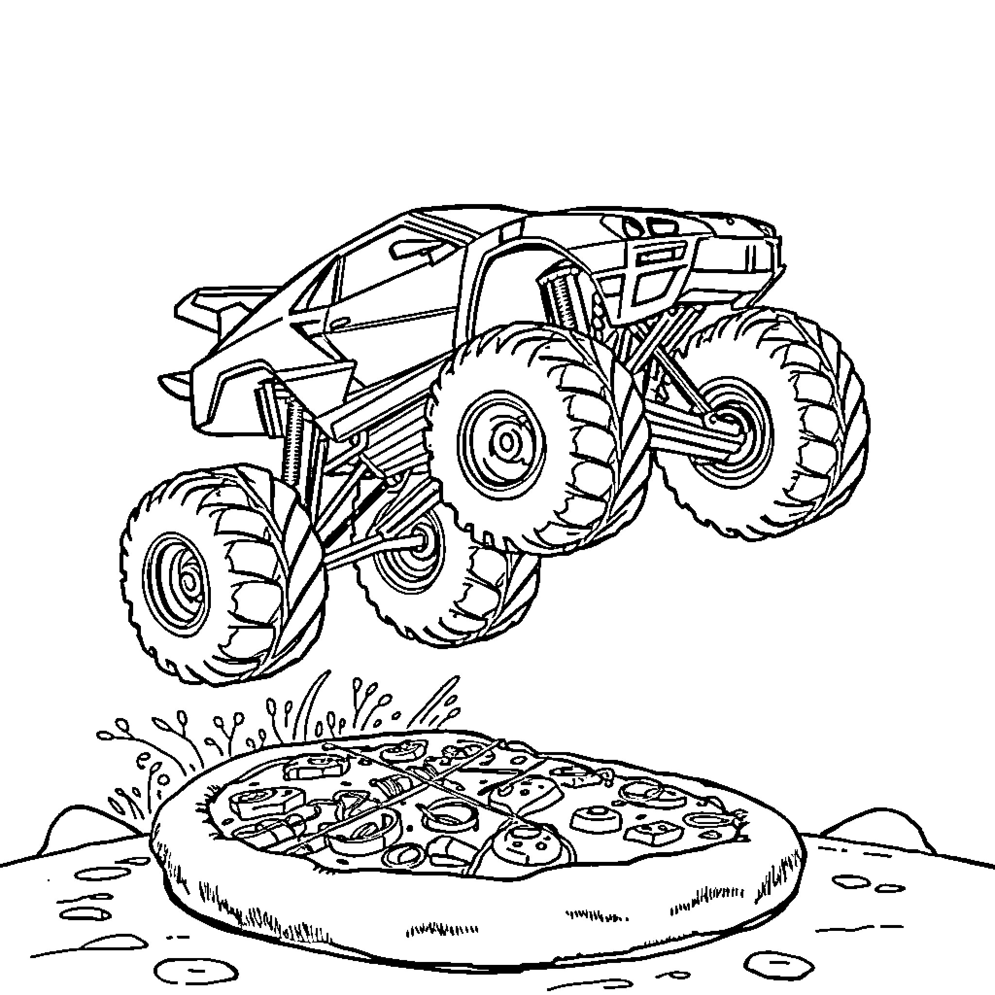 Monster Truck jumping over a pizza Coloring Page (free black-and-white line drawing printable PDF for all, from beginners to advanced learners, including children, teens, adults, and seniors)