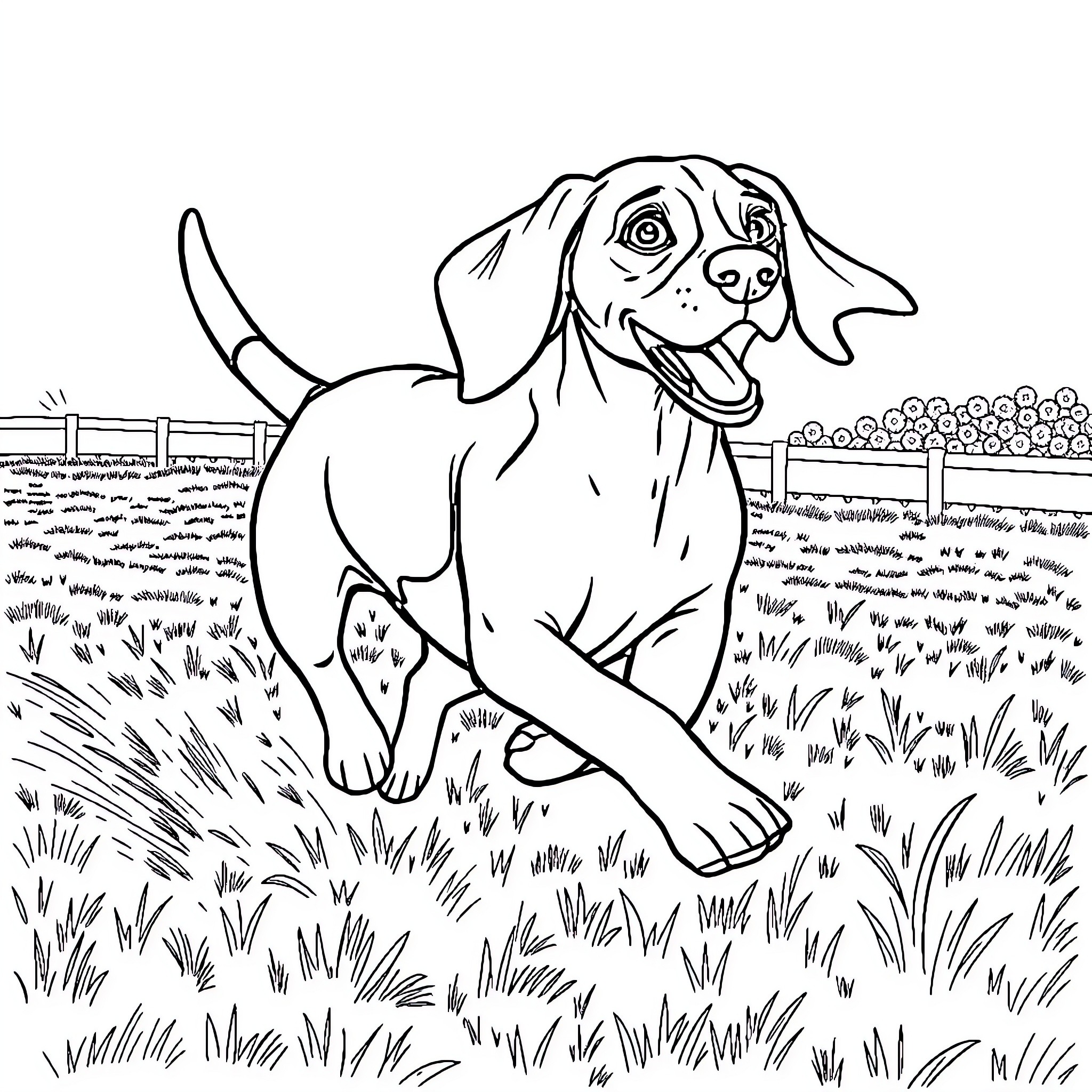 Beagle playing happily in the field Coloring Page (free black-and-white line drawing printable PDF for all, from beginners to advanced learners, including children, teens, adults, and seniors)