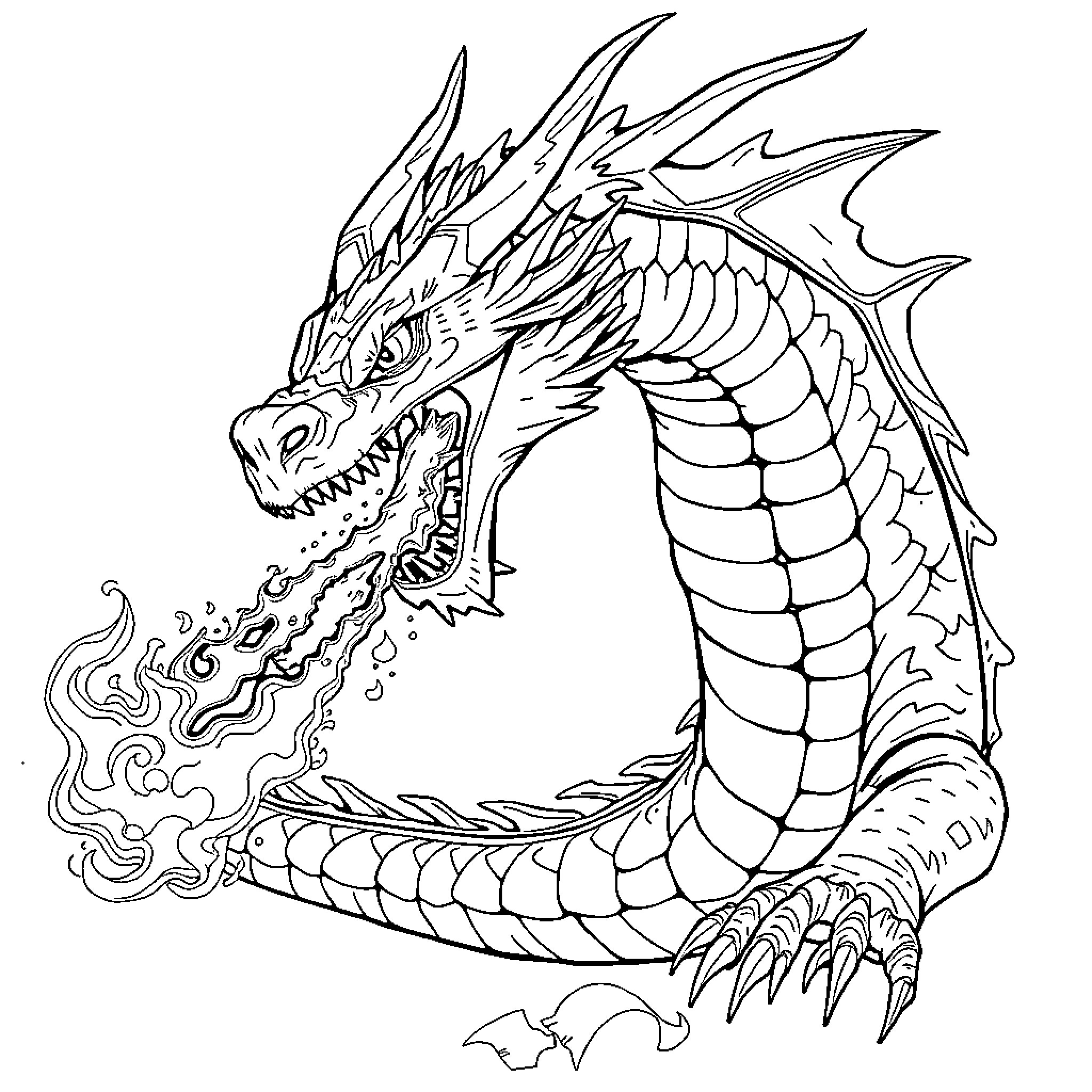 Dragon unleashing fiery breath Coloring Page (free black-and-white line drawing printable PDF for all, from beginners to advanced learners, including children, teens, adults, and seniors)