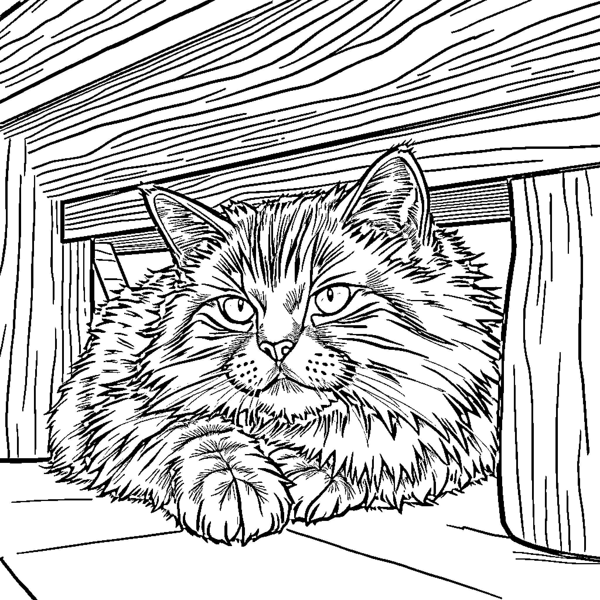 Cat peeking curiously from behind the curtain Coloring Page (free black-and-white line drawing printable PDF for all, from beginners to advanced learners, including children, teens, adults, and seniors)