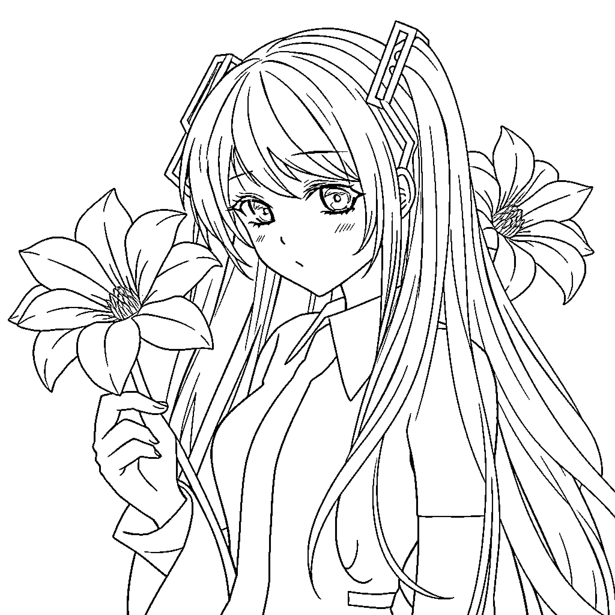 Hatsune Miku holding a flower Coloring Page (free black-and-white line drawing printable PDF for all, from beginners to advanced learners, including children, teens, adults, and seniors)