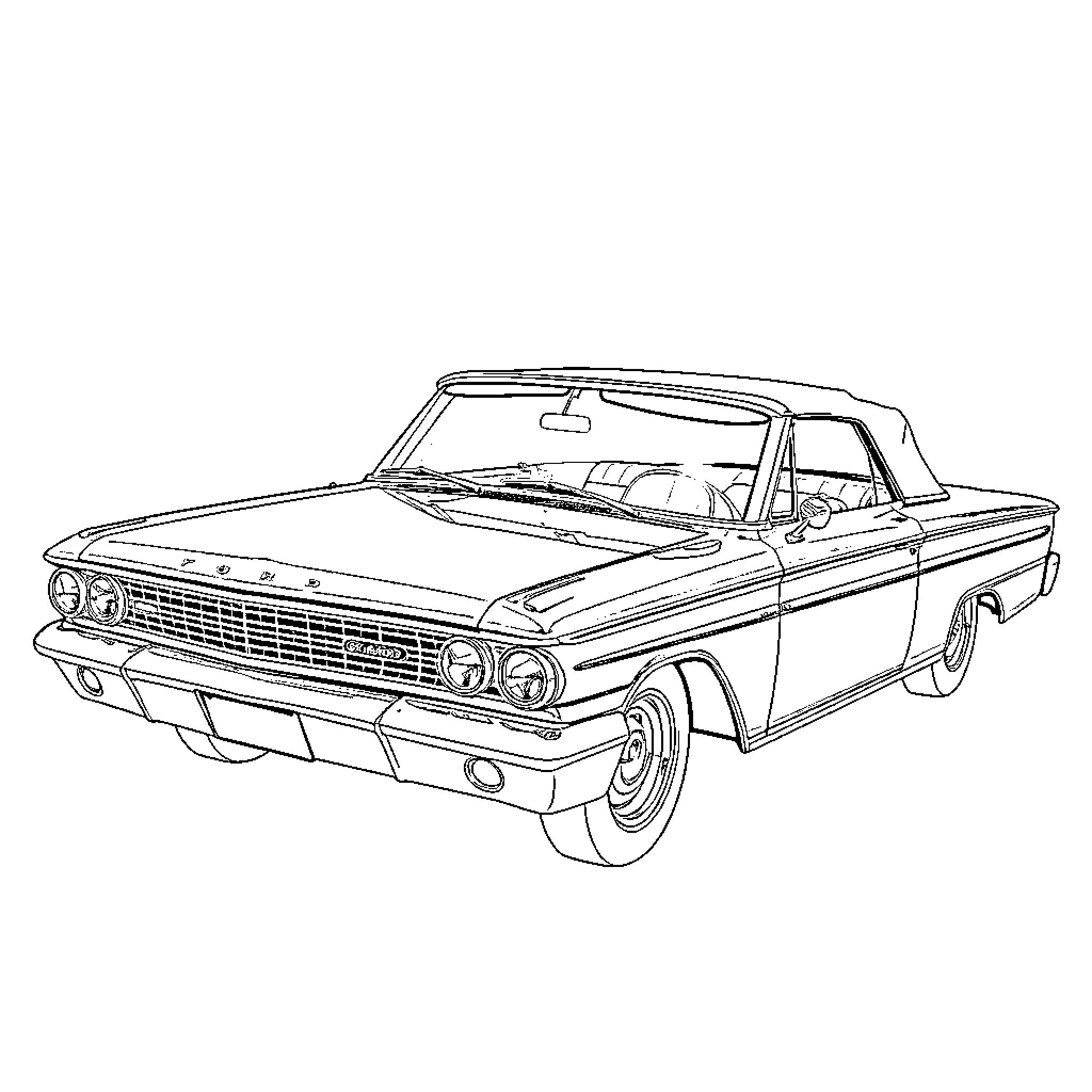 Ford classic convertible car illustration Coloring Page (free black-and-white line drawing printable PDF for all, from beginners to advanced learners, including children, teens, adults, and seniors)