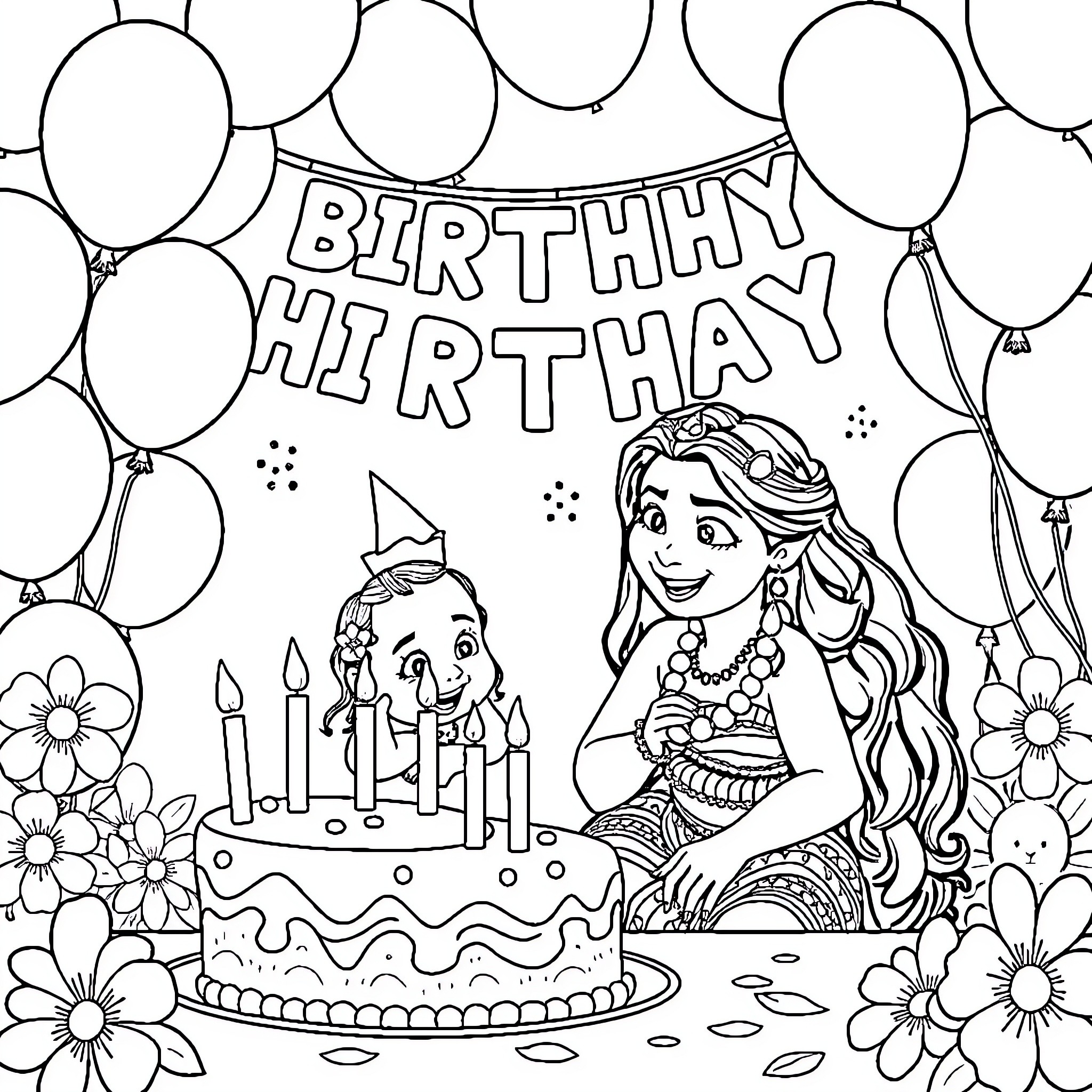 Moana's Birthday Celebration with Balloons and Cake Coloring Page (free black-and-white line drawing printable PDF for all, from beginners to advanced learners, including children, teens, adults, and seniors)