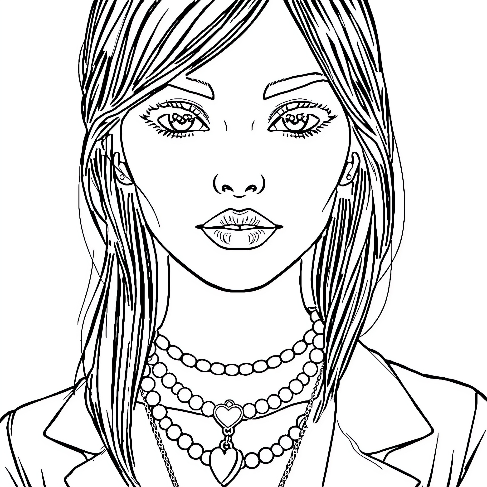 Woman with expressive face and pearl necklace Coloring Page (free black-and-white line drawing printable PDF for all, from beginners to advanced learners, including children, teens, adults, and seniors)