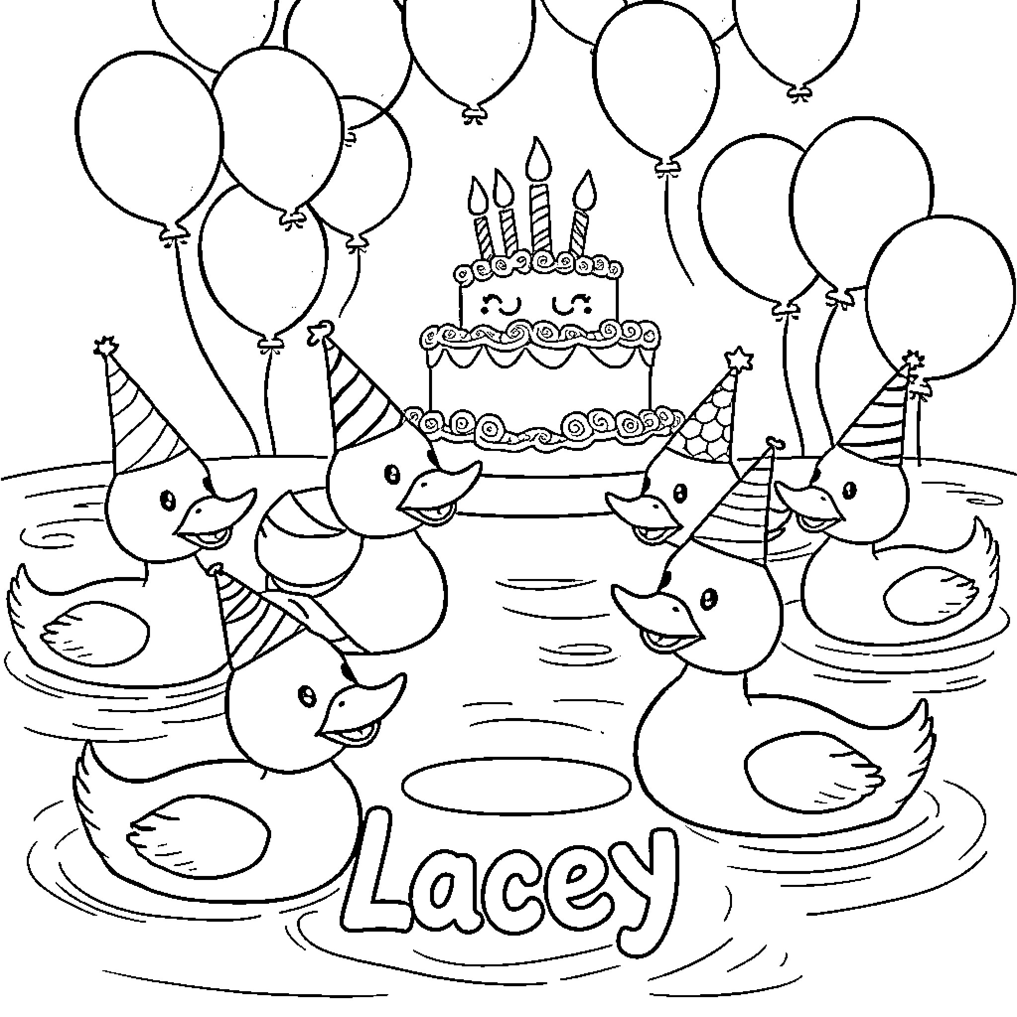 Duck birthday celebration with balloons and cake Coloring Page (free black-and-white line drawing printable PDF for all, from beginners to advanced learners, including children, teens, adults, and seniors)