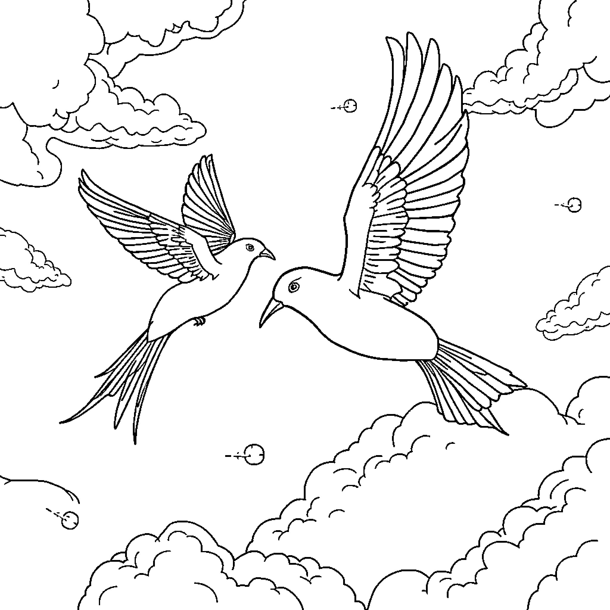 Bird soaring gracefully through the cloudy sky Coloring Page (free black-and-white line drawing printable PDF for all, from beginners to advanced learners, including children, teens, adults, and seniors)