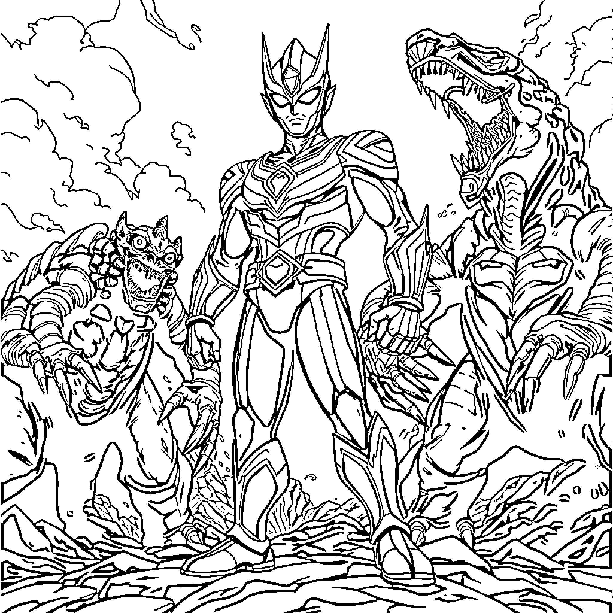 Ultraman confronting monstrous creatures in battle Coloring Page (free black-and-white line drawing printable PDF for all, from beginners to advanced learners, including children, teens, adults, and seniors)