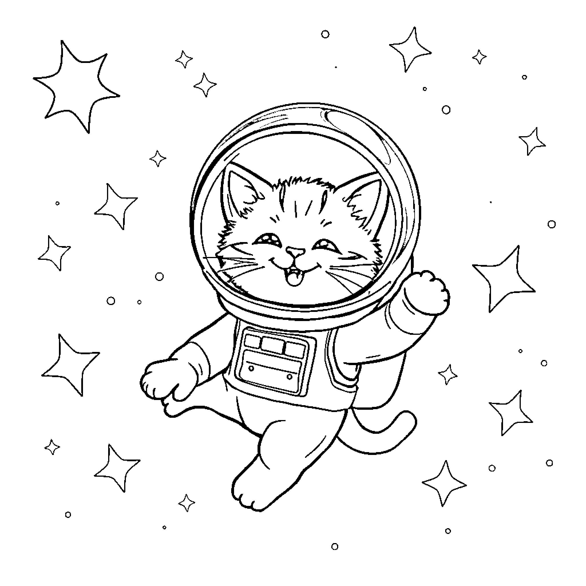 Chat with a Space Kitty Coloring Page (free black-and-white line drawing printable PDF for all, from beginners to advanced learners, including children, teens, adults, and seniors)