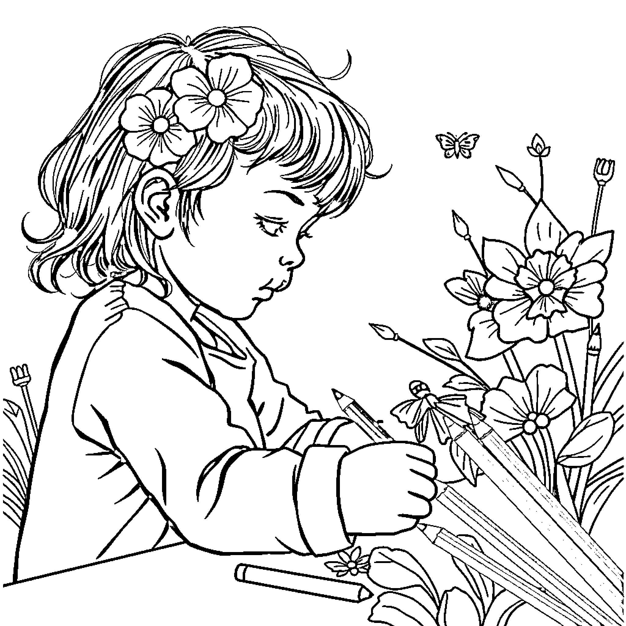 Stick Figure Drawing Painting Flowers Coloring Page (free black-and-white line drawing printable PDF for all, from beginners to advanced learners, including children, teens, adults, and seniors)