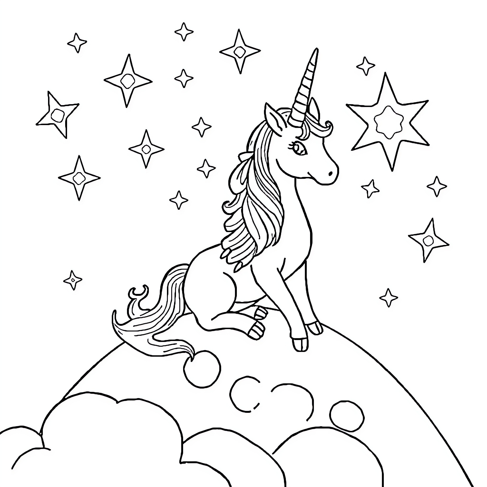 Unicorn resting on a starry night sky Coloring Page (free black-and-white line drawing printable PDF for all, from beginners to advanced learners, including children, teens, adults, and seniors)