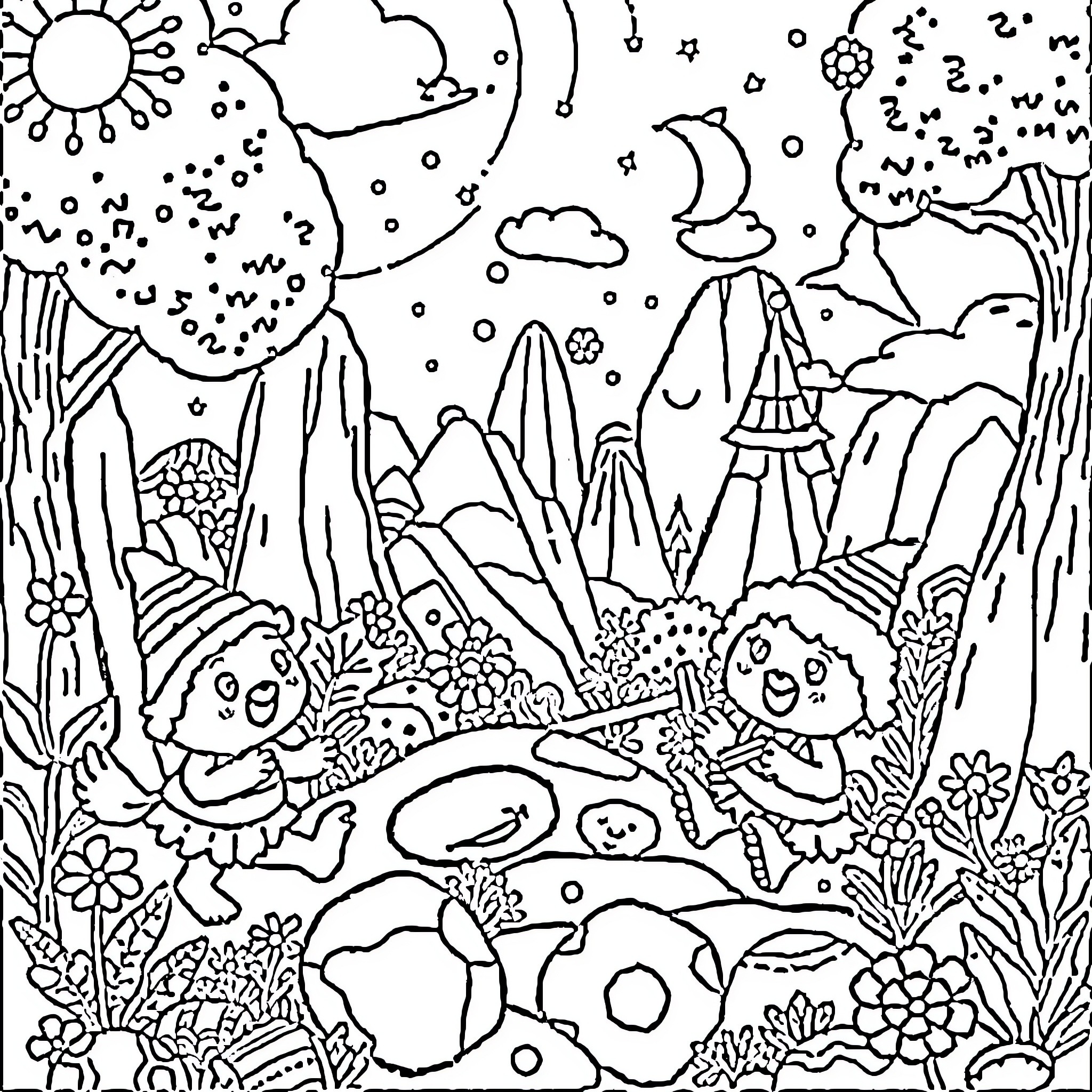 Dandy Creatures Frolicking in a Whimsical Landscape Coloring Page (free black-and-white line drawing printable PDF for all, from beginners to advanced learners, including children, teens, adults, and seniors)