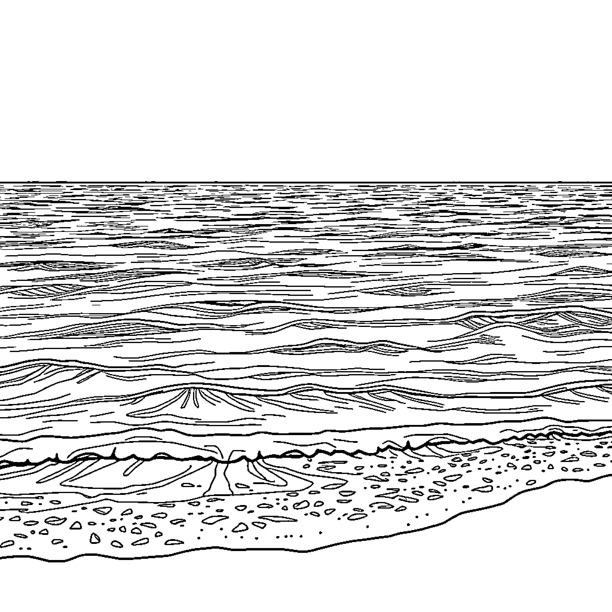 Sea waves crashing against rocky shoreline Coloring Page (free black-and-white line drawing printable PDF for all, from beginners to advanced learners, including children, teens, adults, and seniors)